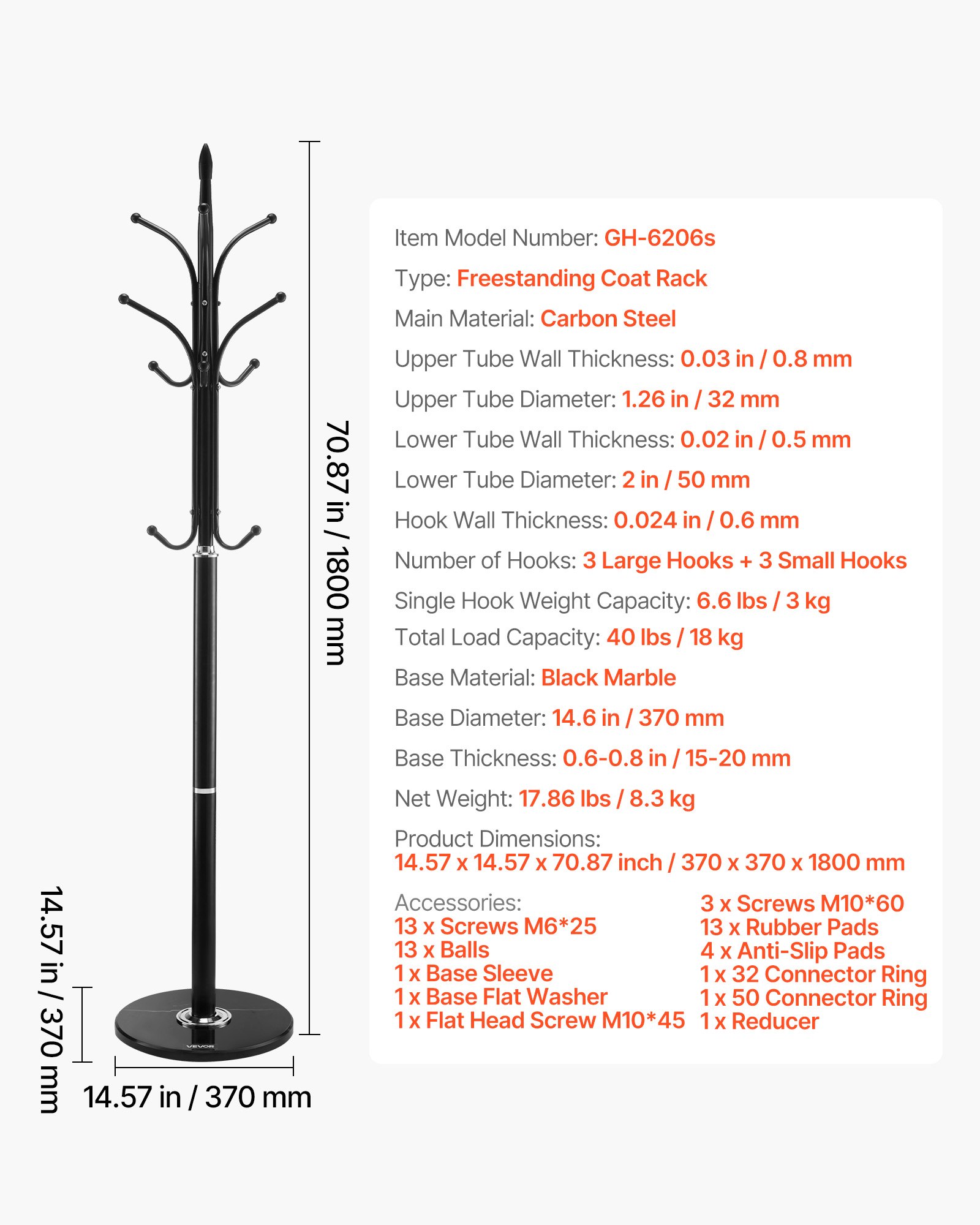 Wieszak na ubrania VEVOR, 370 x 370 x 1800 mm, z marmurową podstawą i 6 haczykami, do przedpokoju, sypialni, biura, salonu, na płaszcze, kapelusze i torby