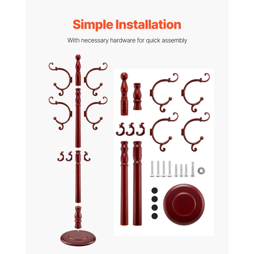 VEVOR Coat Rack Freestanding, Wooden Coats Rack Stand with Weighted Base & 11 Hooks, Free Standing Hall Coat Tree for Entryway, Bedroom, Living Room, Modern Clothes Hanger Stand for Coats, Hats, Bag