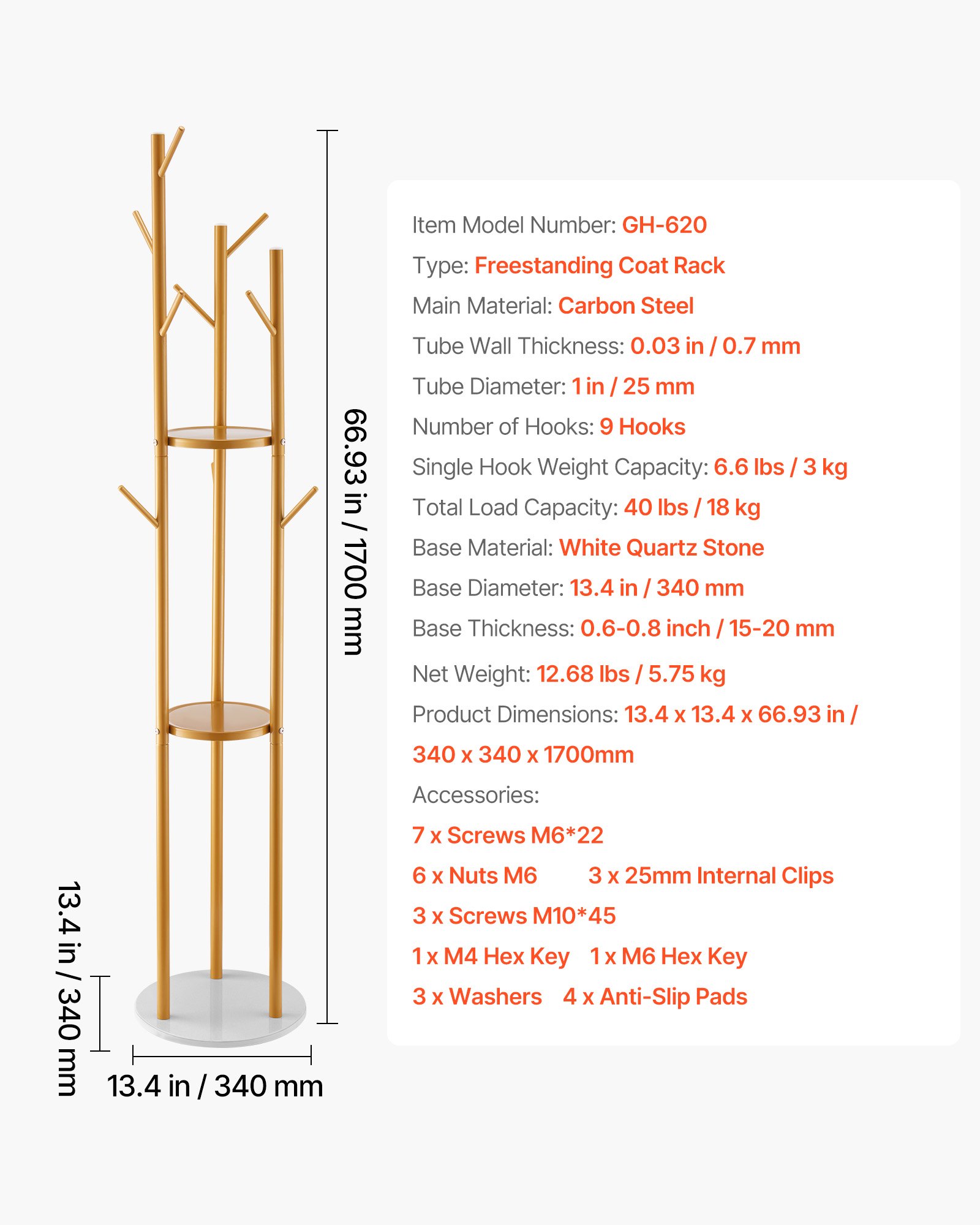 Wieszak na ubrania VEVOR 340x340x1700 mm, z podstawą z kwarcu i 9 haczykami, wieszak na kurtki w kształcie drzewa do przedpokoju, biura, salonu, wieszak na płaszcz, czapkę, szalik, torbę