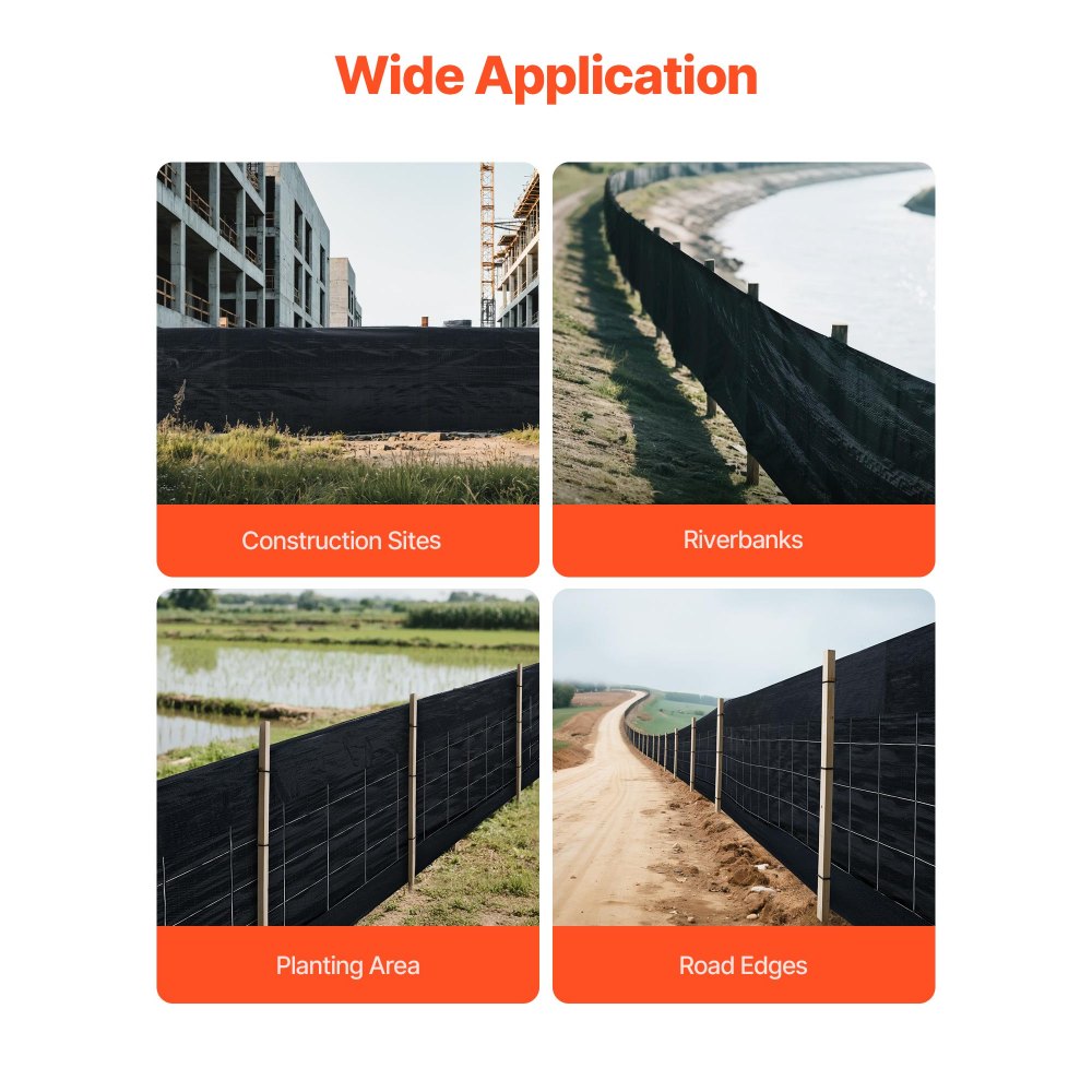 VEVOR Silt Fence Fabric Rolls, 0.6×30.5 m Backed Wire Silt Fence, Erosion Control Fencing for Sediment Retention, Industrial Grade Temporary Tough Polypropylene Fabric for Construction Job Sites