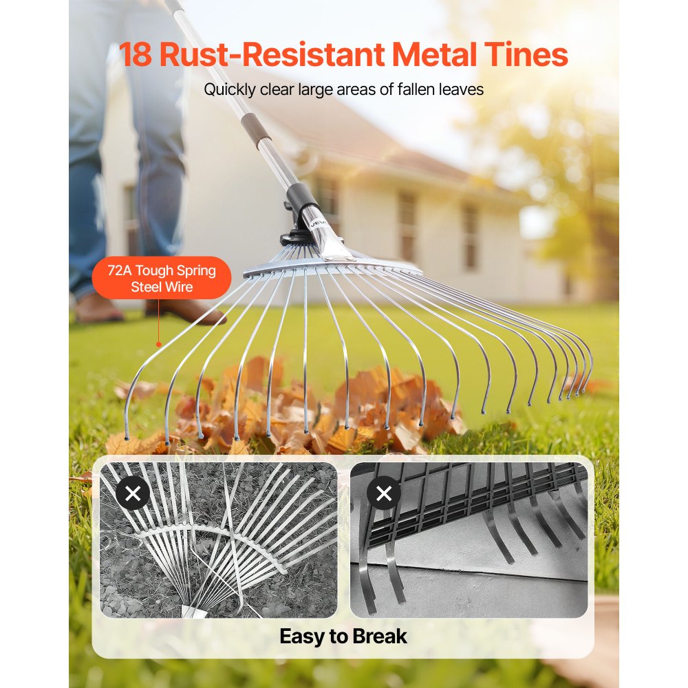 VEVOR Leaf Rake, 18 Metal Tines, Adjustable Garden Rake for Lawns with 19.5-43.5 cm Wide Head & 82-141 cm Long Handle, Heavy Duty Stainless Steel Small Leaves Tool for Gardening Camping Yard Grass