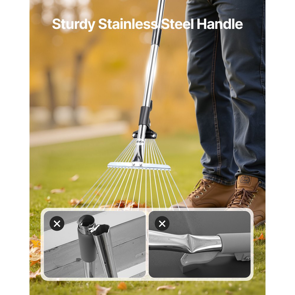 VEVOR Leaf Rake, 18 Metal Tines, Adjustable Garden Rake for Lawns with 19.5-43.5 cm Wide Head & 82-141 cm Long Handle, Heavy Duty Stainless Steel Small Leaves Tool for Gardening Camping Yard Grass