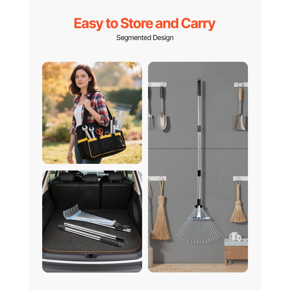 VEVOR Leaf Rake, 18 Metal Tines, Adjustable Garden Rake for Lawns with 19.5-43.5 cm Wide Head & 82-141 cm Long Handle, Heavy Duty Stainless Steel Small Leaves Tool for Gardening Camping Yard Grass