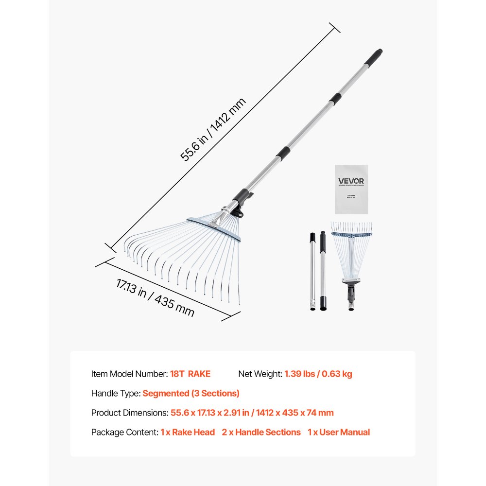 VEVOR Leaf Rake, 18 Metal Tines, Adjustable Garden Rake for Lawns with 19.5-43.5 cm Wide Head & 82-141 cm Long Handle, Heavy Duty Stainless Steel Small Leaves Tool for Gardening Camping Yard Grass