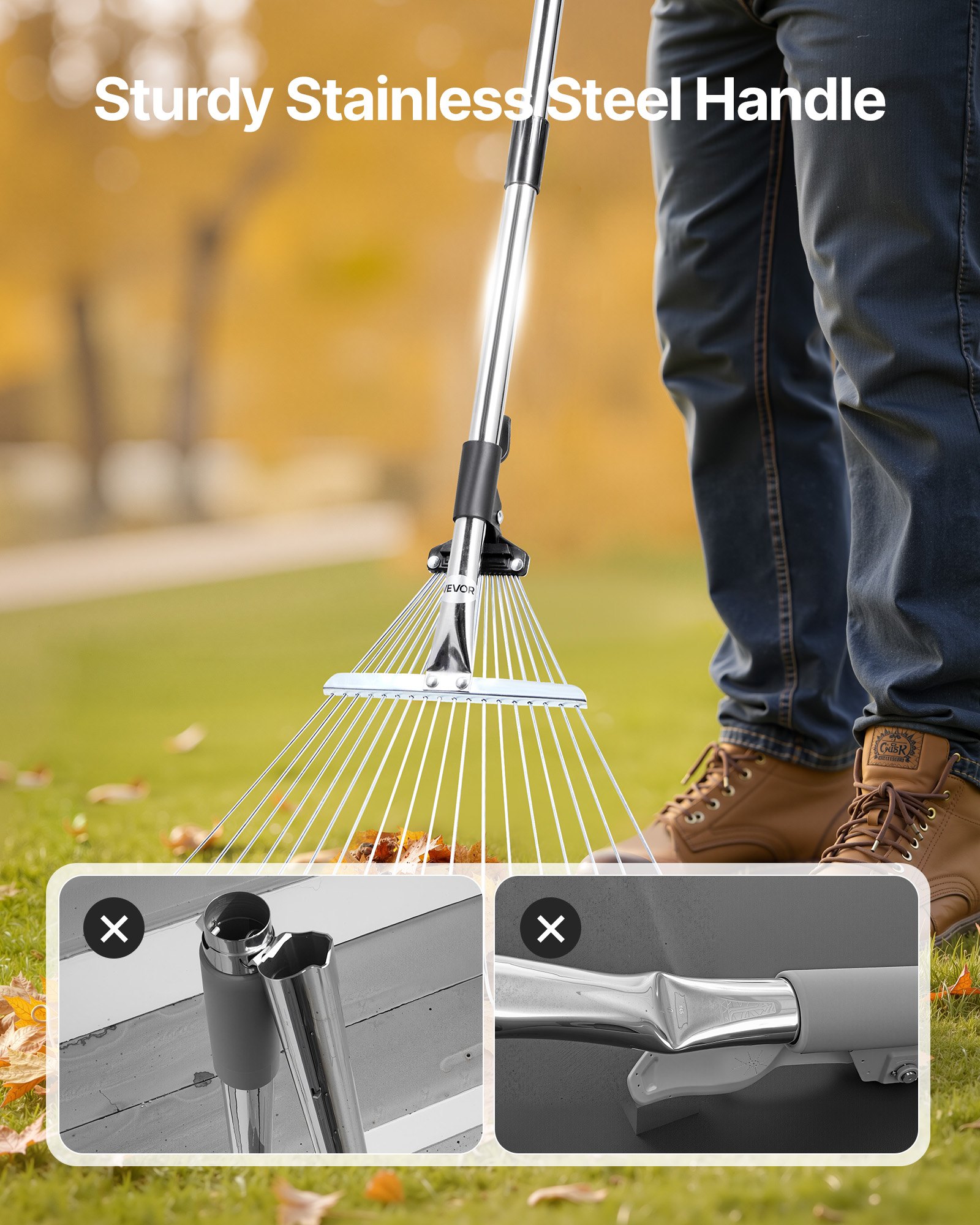 VEVOR Leaf Rake, 18 Metal Tines, Adjustable Garden Rake for Lawns with 19.5-43.5 cm Wide Head & 82-141 cm Long Handle, Heavy Duty Stainless Steel Small Leaves Tool for Gardening Camping Yard Grass