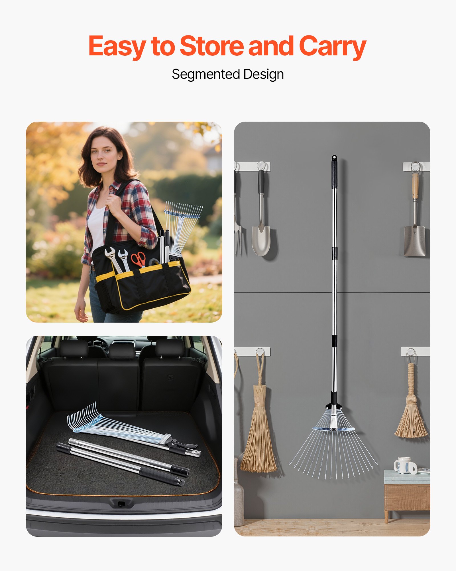 VEVOR Leaf Rake, 18 Metal Tines, Adjustable Garden Rake for Lawns with 19.5-43.5 cm Wide Head & 82-141 cm Long Handle, Heavy Duty Stainless Steel Small Leaves Tool for Gardening Camping Yard Grass