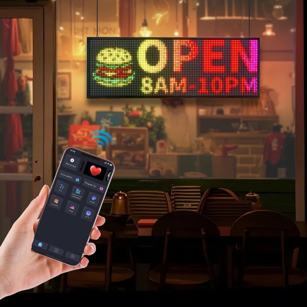 VEVOR Programowalny wyświetlacz LED P10 w pełnym kolorze, elastyczny cyfrowy panel przewijany, tablica z wyświetlaczem DIY ze wzorem tekstu na zamówienie oraz aplikacją GIF i Bluetooth, z przewijanym komunikatem LED (99 x 35 cm)