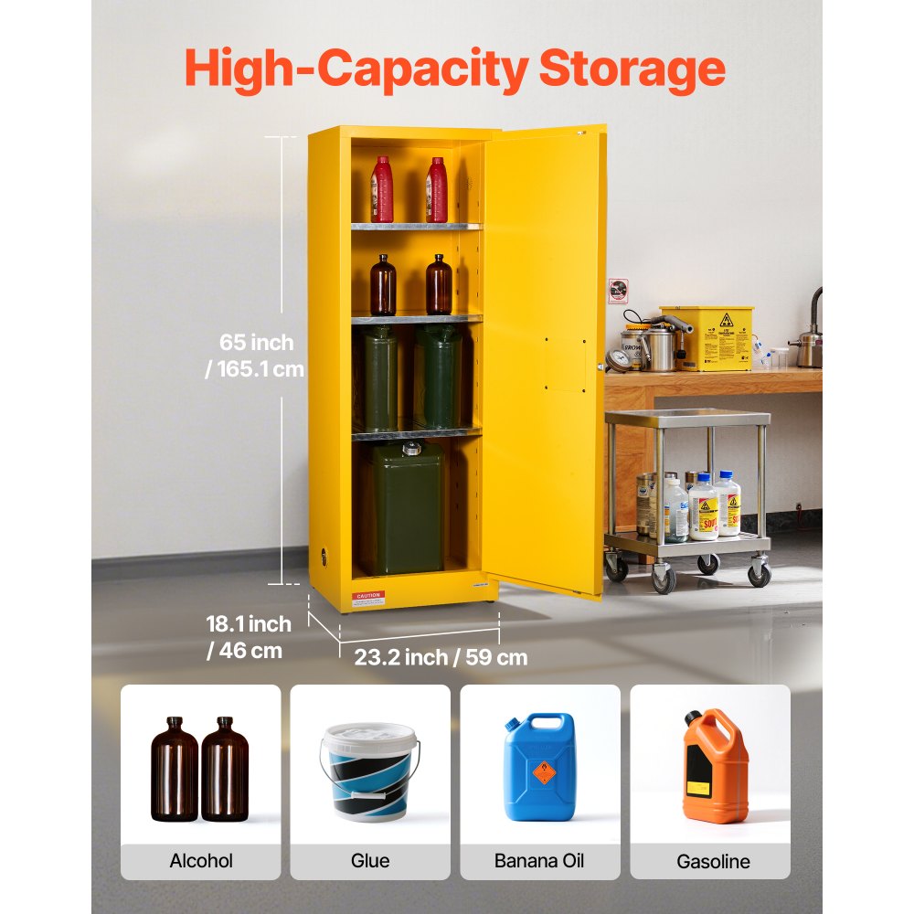 VEVOR Flammable Cabinet, 59 x 46 x 165.1 cm, 23 Gallon Flammable Storage Cabinet with Adjustable Shelf, Cold-Rolled and Galvanized Steel Fire Cabinets, for Commercial Industrial and Home Use, Yellow