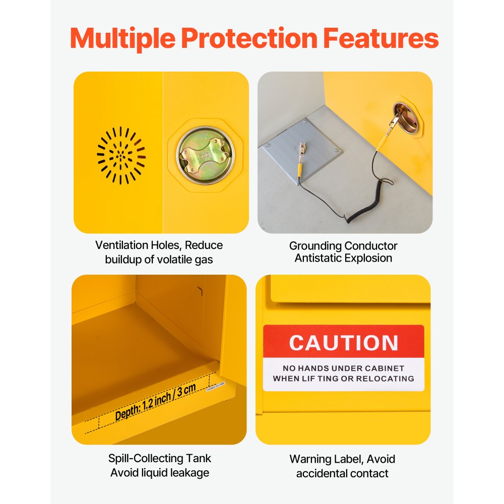 Szafka na gaśnice VEVOR, szafka na gaśnice z możliwością przechowywania materiałów palnych (49,21 l) z regulowaną półką, szafy na gaśnice wykonane ze stali walcowanej na zimno i ocynkowanej, żółta szafka ochronna, szafka na materiały niebezpieczne