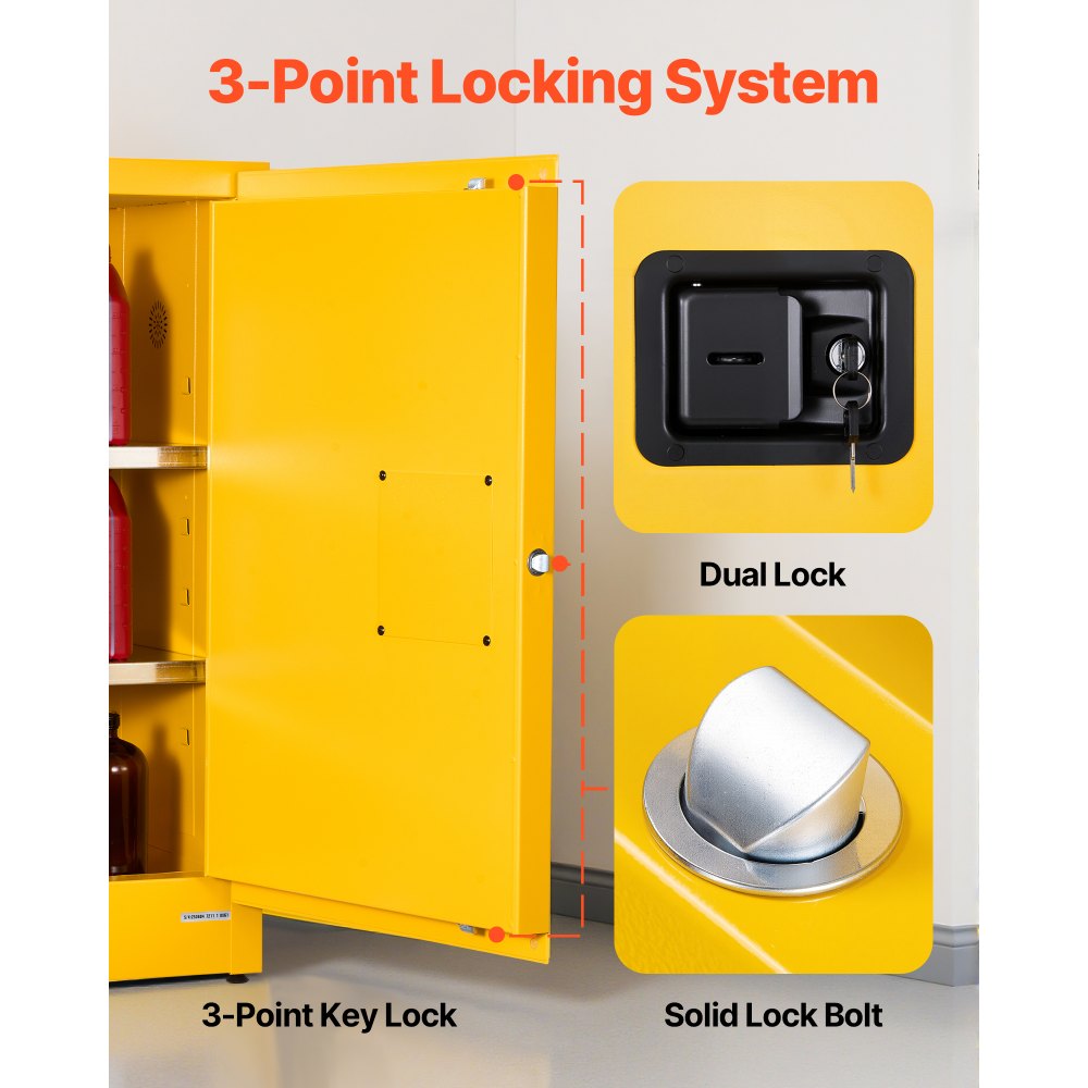Szafka na gaśnice VEVOR, szafka na gaśnice z możliwością przechowywania materiałów palnych (49,21 l) z regulowaną półką, szafy na gaśnice wykonane ze stali walcowanej na zimno i ocynkowanej, żółta szafka ochronna, szafka na materiały niebezpieczne