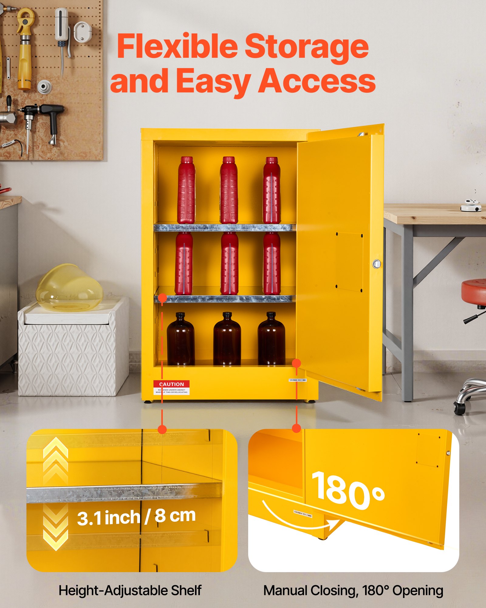 VEVOR Flammable Cabinet, 59 x 46 x 90 cm, 13 Gallon Flammable Storage Cabinet with Adjustable Shelf, Cold-Rolled and Galvanized Steel Fire Cabinets, for Commercial Industrial and Home Use, Yellow