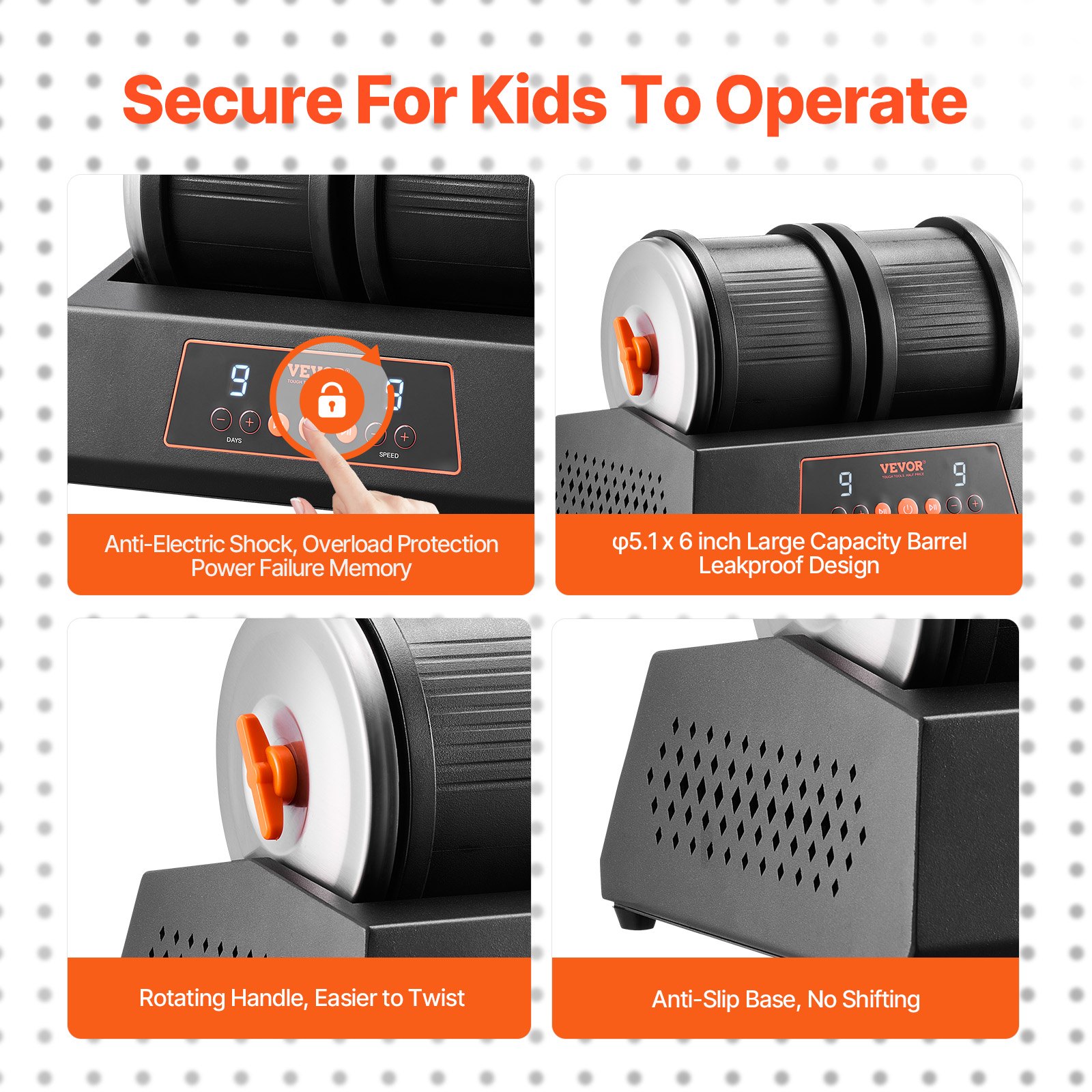 Polerka do kamienia VEVOR, dwubębnowa, polerka do kamienia, 9 poziomów prędkości, 9-dniowy timer polerowania, silnik z napędem bezpośrednim, cicha, obrotowa, 35 dB, czarna