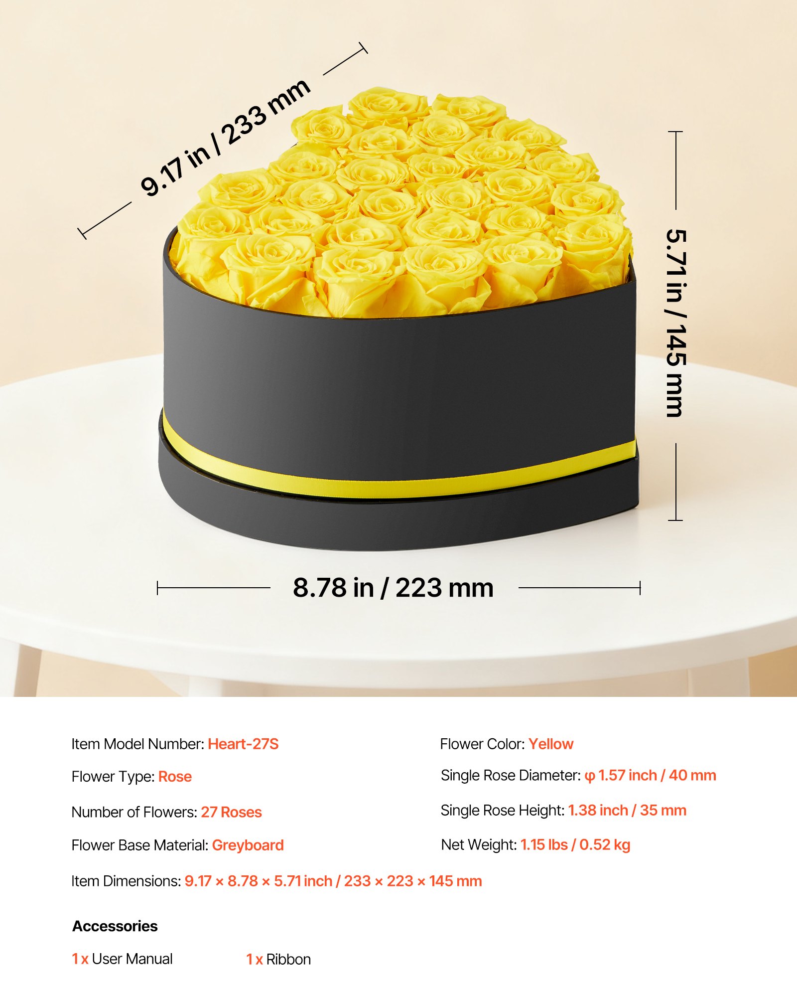 VEVOR 27 szt. Wiecznych róż w pudełku w kształcie serca, bukiet konserwowy, pudełko na kwiaty dla żony, matki, kochanki, na ślub, Dzień Matki, Walentynki, Boże Narodzenie, kolor żółty