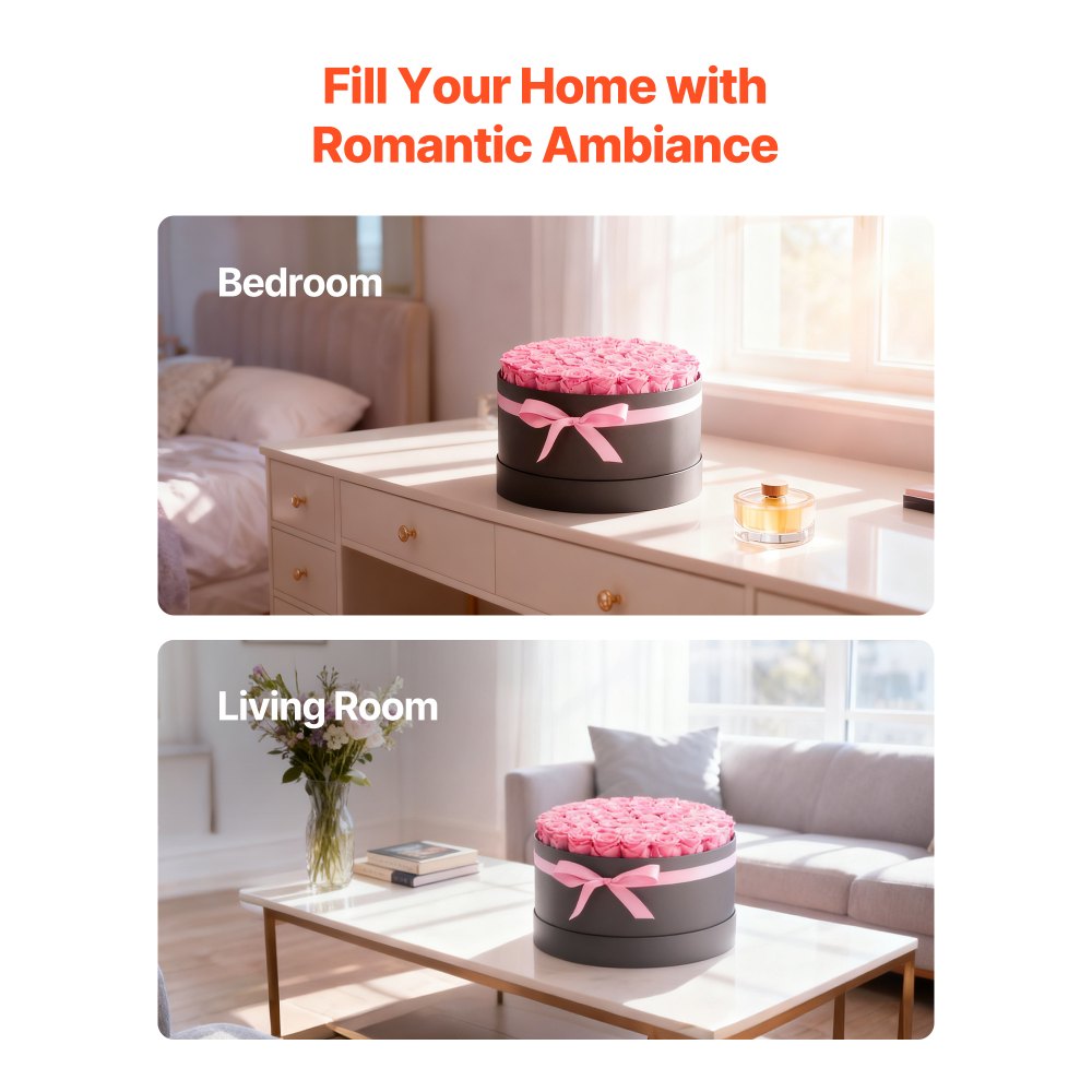 VEVOR 50x Wieczne róże w okrągłym pudełku, bukiet kwiatów z utrwalonych kwiatów, pudełko na prezent kwiatowy dla żony, matki, kochanki, na ślub, Dzień Matki, Walentynki, Boże Narodzenie, różowy