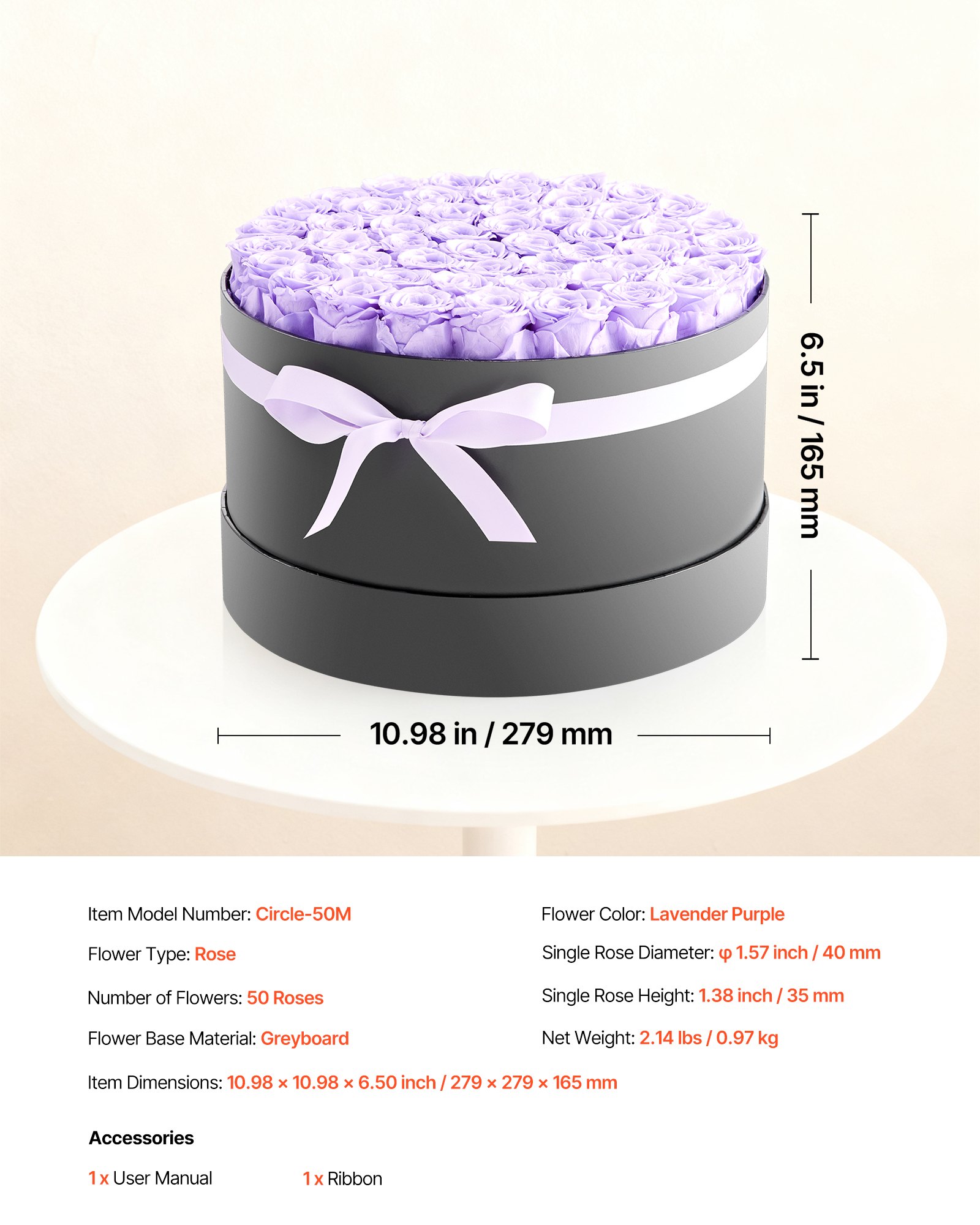 VEVOR 50x Wieczne Róże w okrągłym pudełku, bukiet zakonserwowany, pudełko na prezent kwiatowy dla żony, matki, kochanki, na ślub, Dzień Matki, Walentynki, Boże Narodzenie, lawendowo-fioletowy