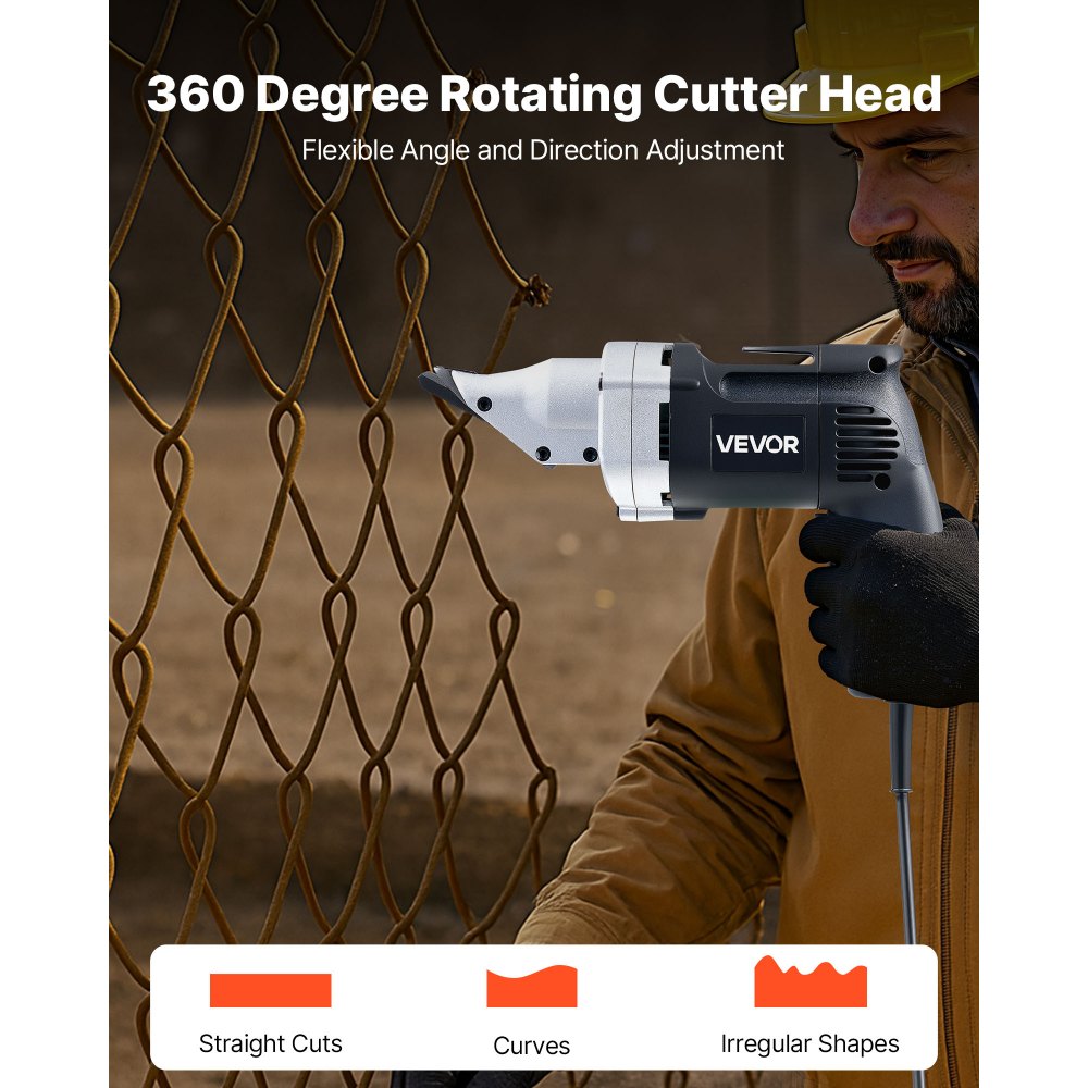 VEVOR Electric Metal Shear, 4.0-Amp Corded Sheet Metal Cutter with 360-Degree Swivel Head, Variable Speed, Continuous Cutting, Clean Cut for 1.22 mm Galvanized Steel, 1 mm Stainless Steel, 2500 SPM