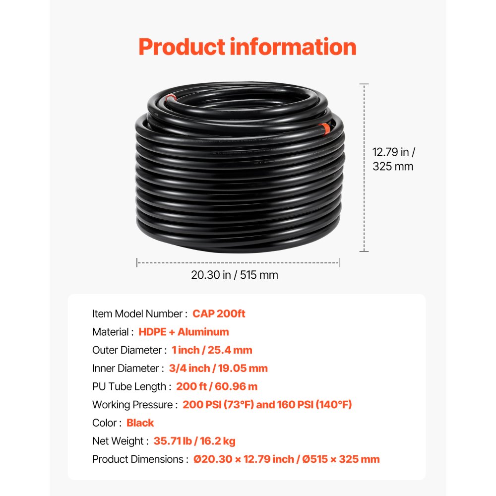 Zestaw przewodów sprężarki powietrza VEVOR, wąż sprężonego powietrza 60,96 m x 19,05 mm, system przewodów sprężonego powietrza z aluminium HDPE, łatwy w montażu, zestaw przewodów sprężonego powietrza do warsztatów garażowych, czarny