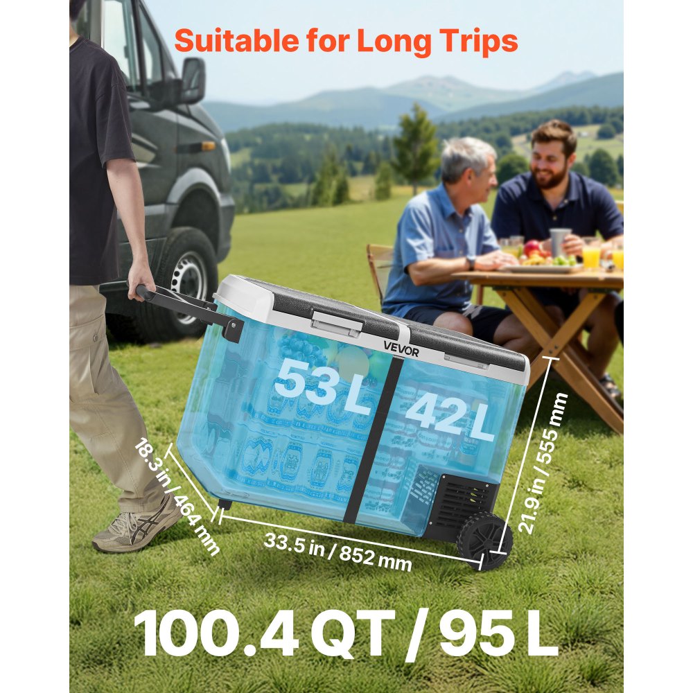 VEVOR 12 Volt Car Refrigerator, 95L Car Fridge, Dual Zone Portable Electric Cooler with Wheels and Handle, -20℃ to 20℃, 12/24V DC 100-240V AC Compressor Freezer for Outdoor, Camping, Travel, RV