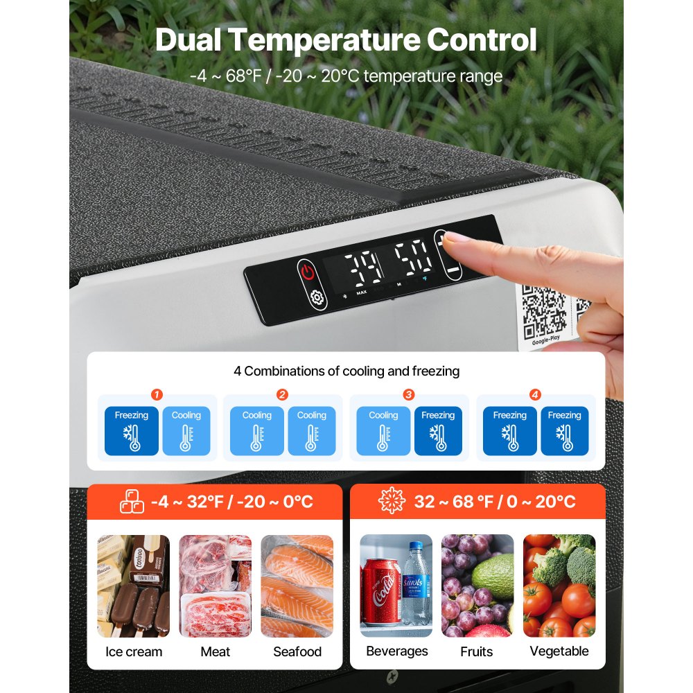 VEVOR 12 Volt Car Refrigerator, 95L Car Fridge, Dual Zone Portable Electric Cooler with Wheels and Handle, -20℃ to 20℃, 12/24V DC 100-240V AC Compressor Freezer for Outdoor, Camping, Travel, RV