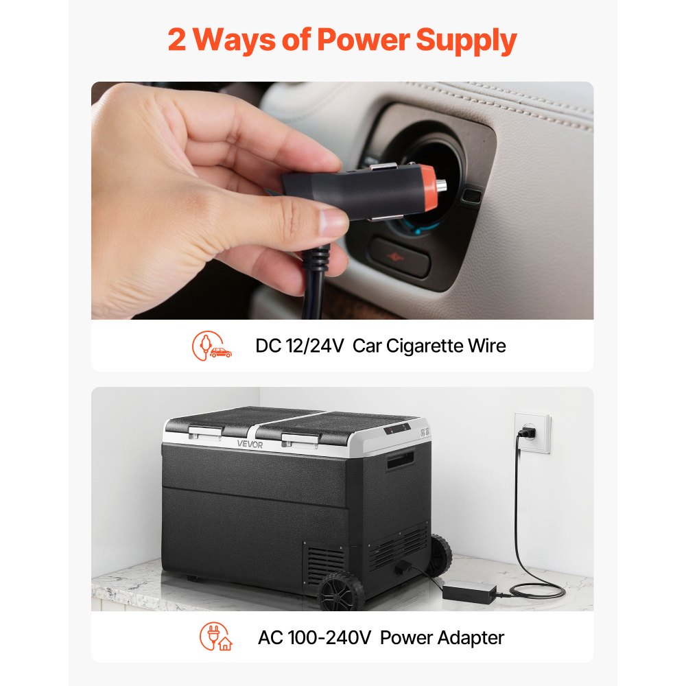 VEVOR 12 Volt Car Refrigerator, 95L Car Fridge, Dual Zone Portable Electric Cooler with Wheels and Handle, -20℃ to 20℃, 12/24V DC 100-240V AC Compressor Freezer for Outdoor, Camping, Travel, RV