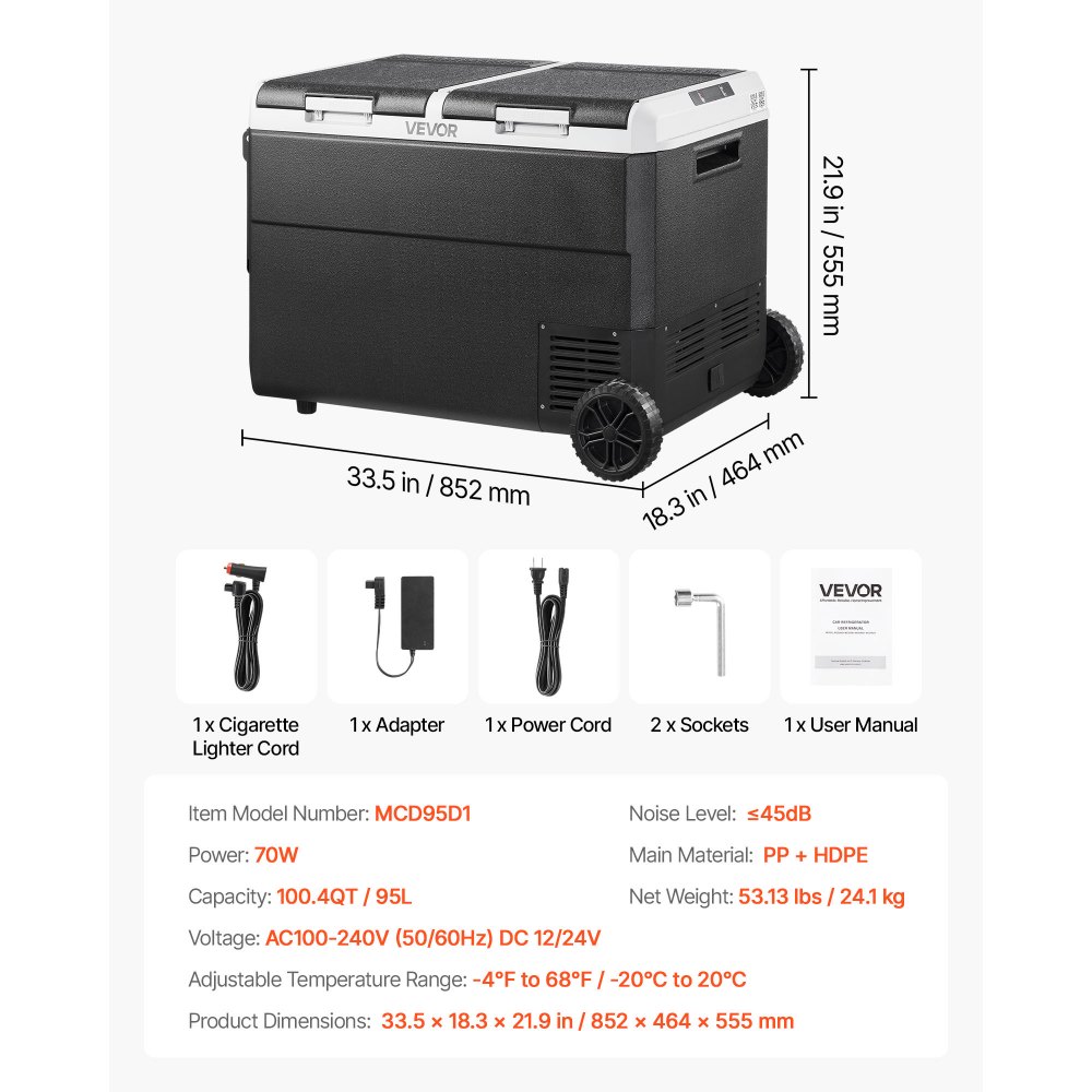 VEVOR 12 Volt Car Refrigerator, 95L Car Fridge, Dual Zone Portable Electric Cooler with Wheels and Handle, -20℃ to 20℃, 12/24V DC 100-240V AC Compressor Freezer for Outdoor, Camping, Travel, RV