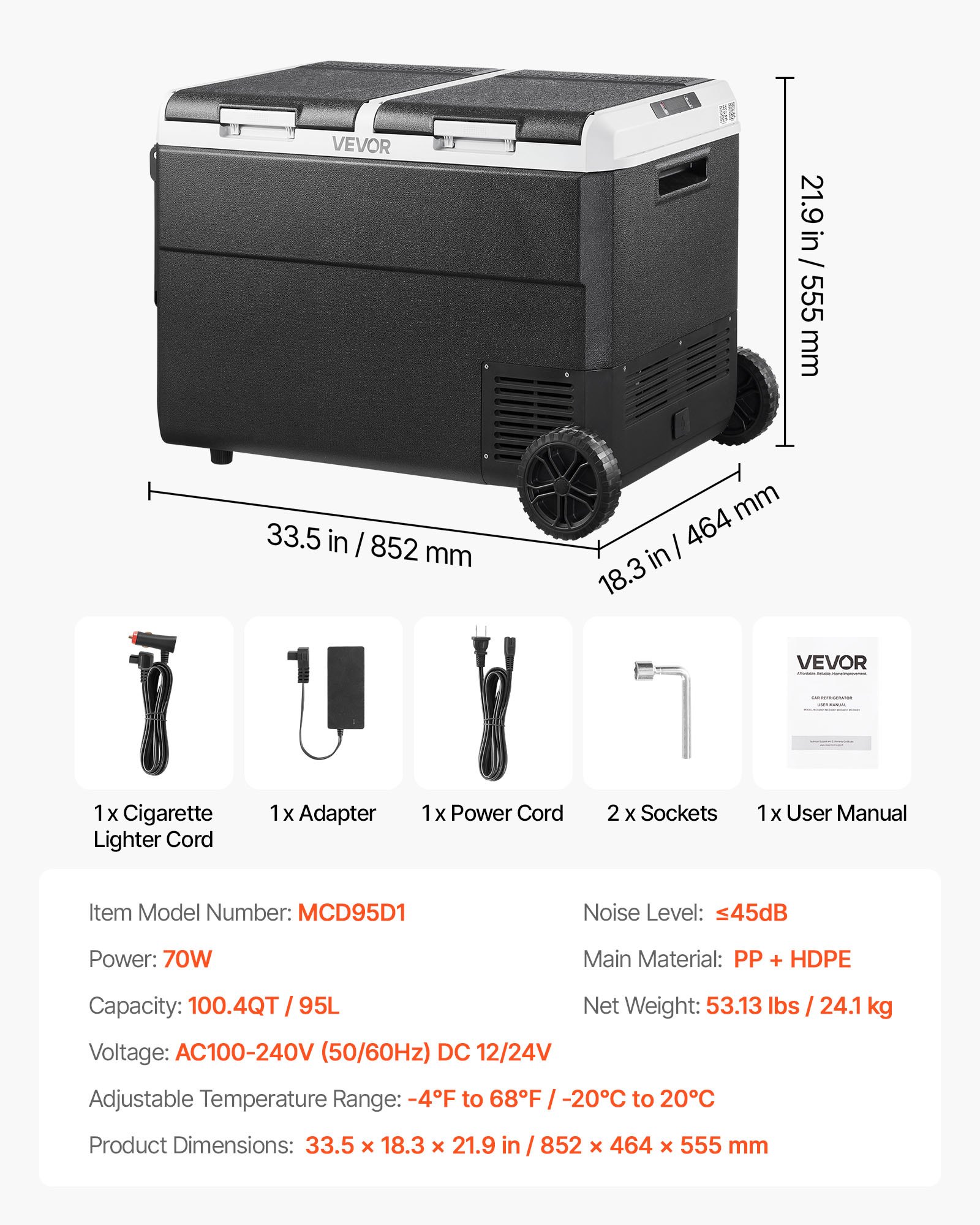 VEVOR 12 Volt Car Refrigerator, 95L Car Fridge, Dual Zone Portable Electric Cooler with Wheels and Handle, -20℃ to 20℃, 12/24V DC 100-240V AC Compressor Freezer for Outdoor, Camping, Travel, RV