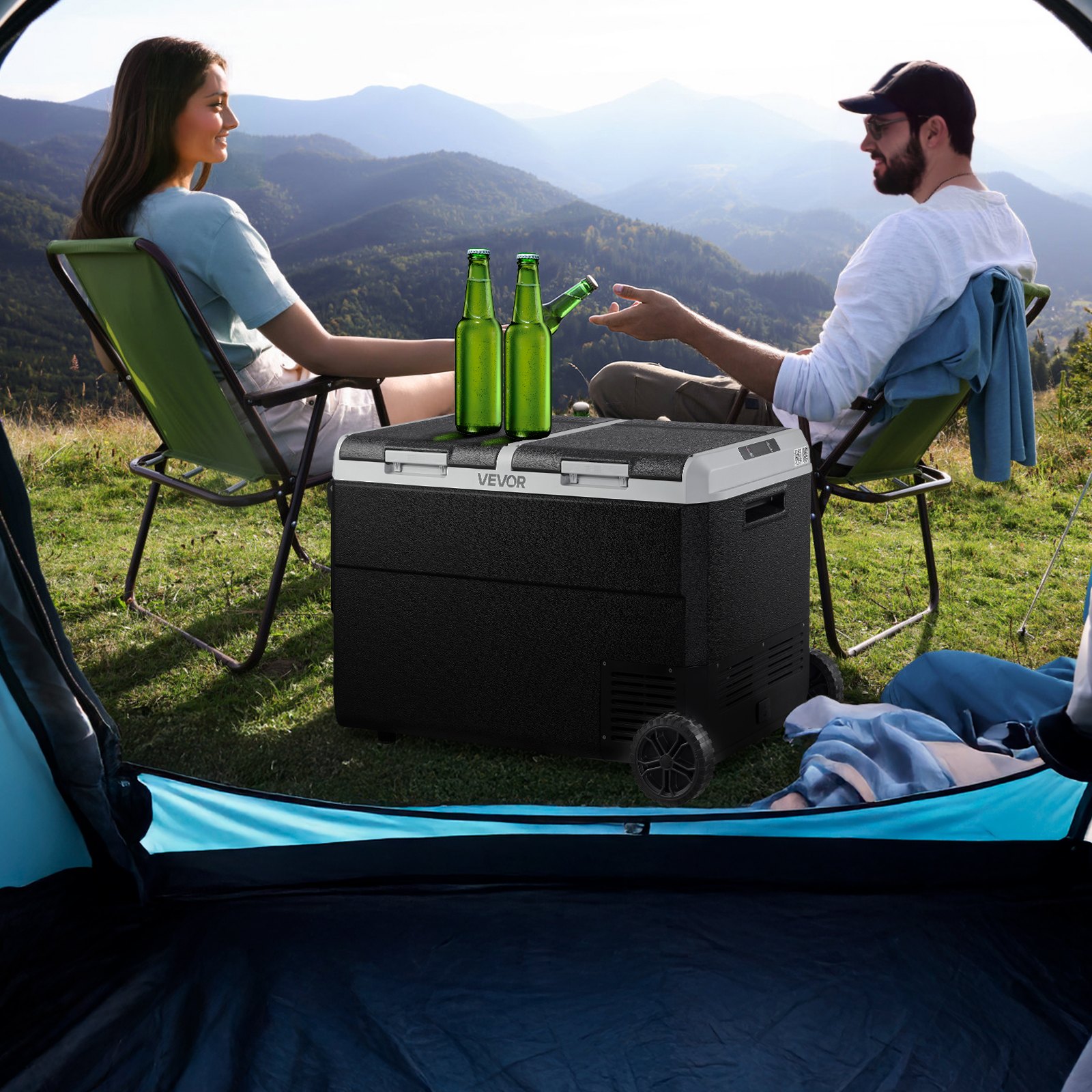 VEVOR 12 Volt Car Refrigerator, 95L Car Fridge, Dual Zone Portable Electric Cooler with Wheels and Handle, -20℃ to 20℃, 12/24V DC 100-240V AC Compressor Freezer for Outdoor, Camping, Travel, RV