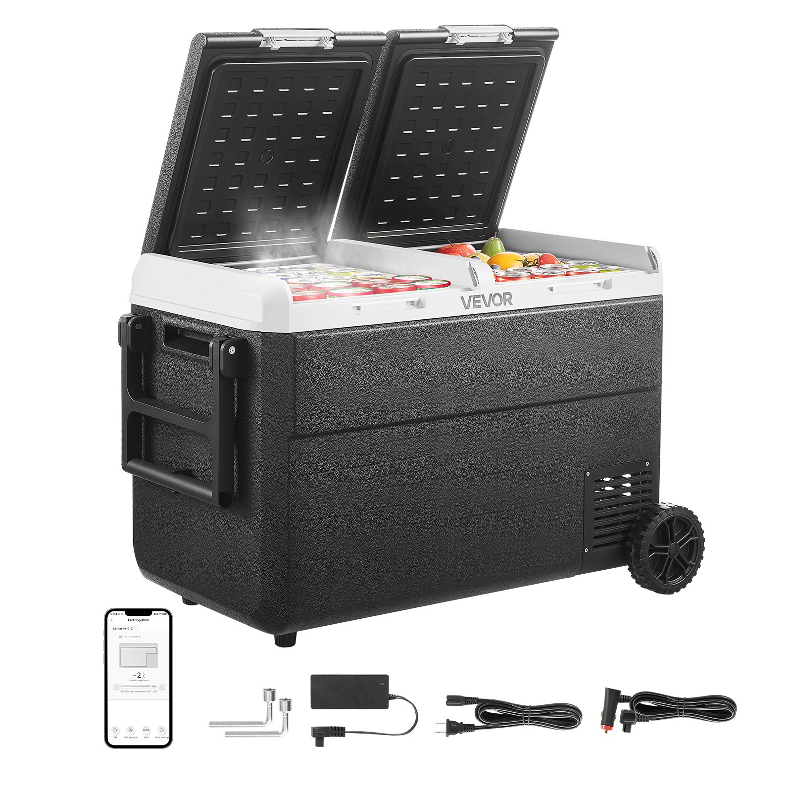 VEVOR 12 Volt Car Refrigerator, 95L Car Fridge, Dual Zone Portable Electric Cooler with Wheels and Handle, -20℃ to 20℃, 12/24V DC 100-240V AC Compressor Freezer for Outdoor, Camping, Travel, RV