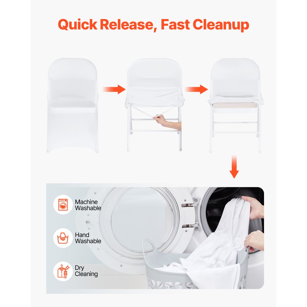 Pokrowce na krzesła VEVOR, elastyczne pokrowce na krzesła, 150 sztuk, zmywalne i zdejmowane pokrowce na krzesła z poliestru i spandexu na wesela i bankiety, pasujące do krzeseł składanych (45 x 46 x 77 cm), kolor biały