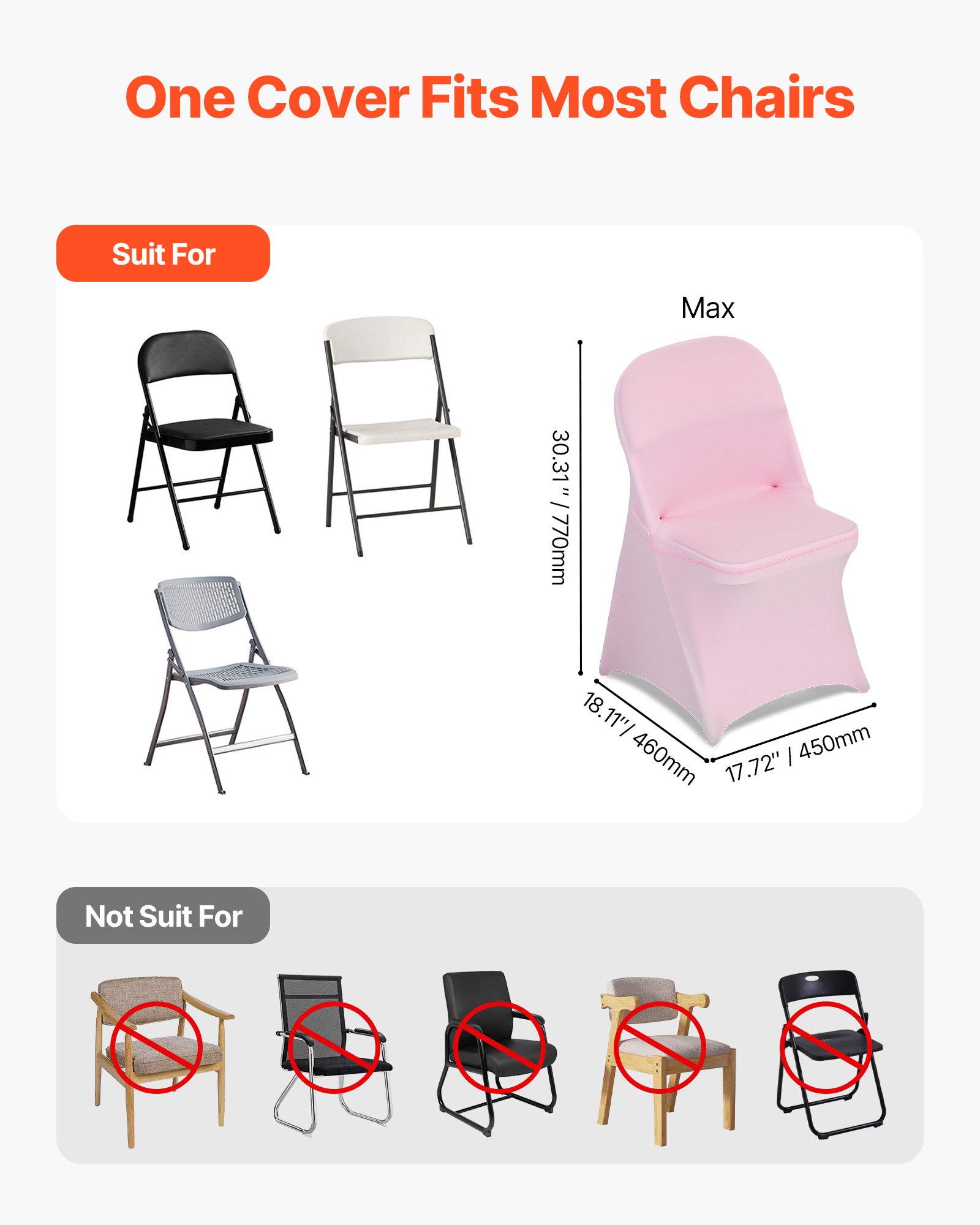 VEVOR 50 Pcs Pink Chair Covers, Polyester Spandex Chair Cover, Stretch Slipcovers for Wedding Party Dining Banquet Flat-Front Chair Covers, Fits Chair Measures up to 17.72 x 18.11 x 30.31 inch