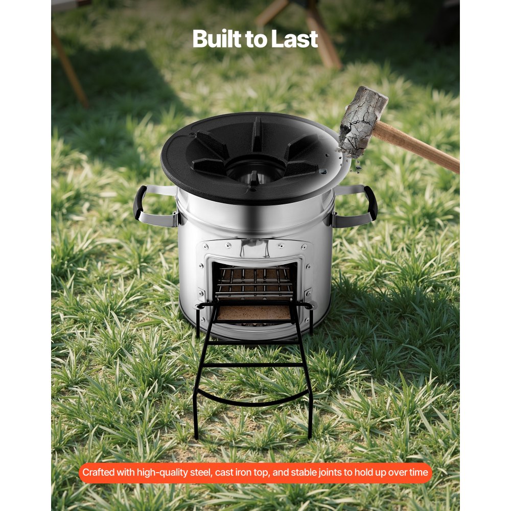 VEVOR Camping Rocket Stove, Wood Burning Portable Rocket Stove with Carrying Bag for Backpacking, Stainless Steel, Single Door, Burn Wood, Twigs or Sticks for Outdoor Cooking, Backyard, Camp Cooking