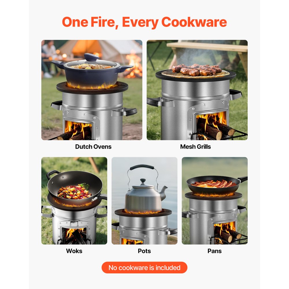 VEVOR Camping Rocket Stove, Wood Burning Portable Rocket Stove with Carrying Bag for Backpacking, Stainless Steel, Single Door, Burn Wood, Twigs or Sticks for Outdoor Cooking, Backyard, Camp Cooking