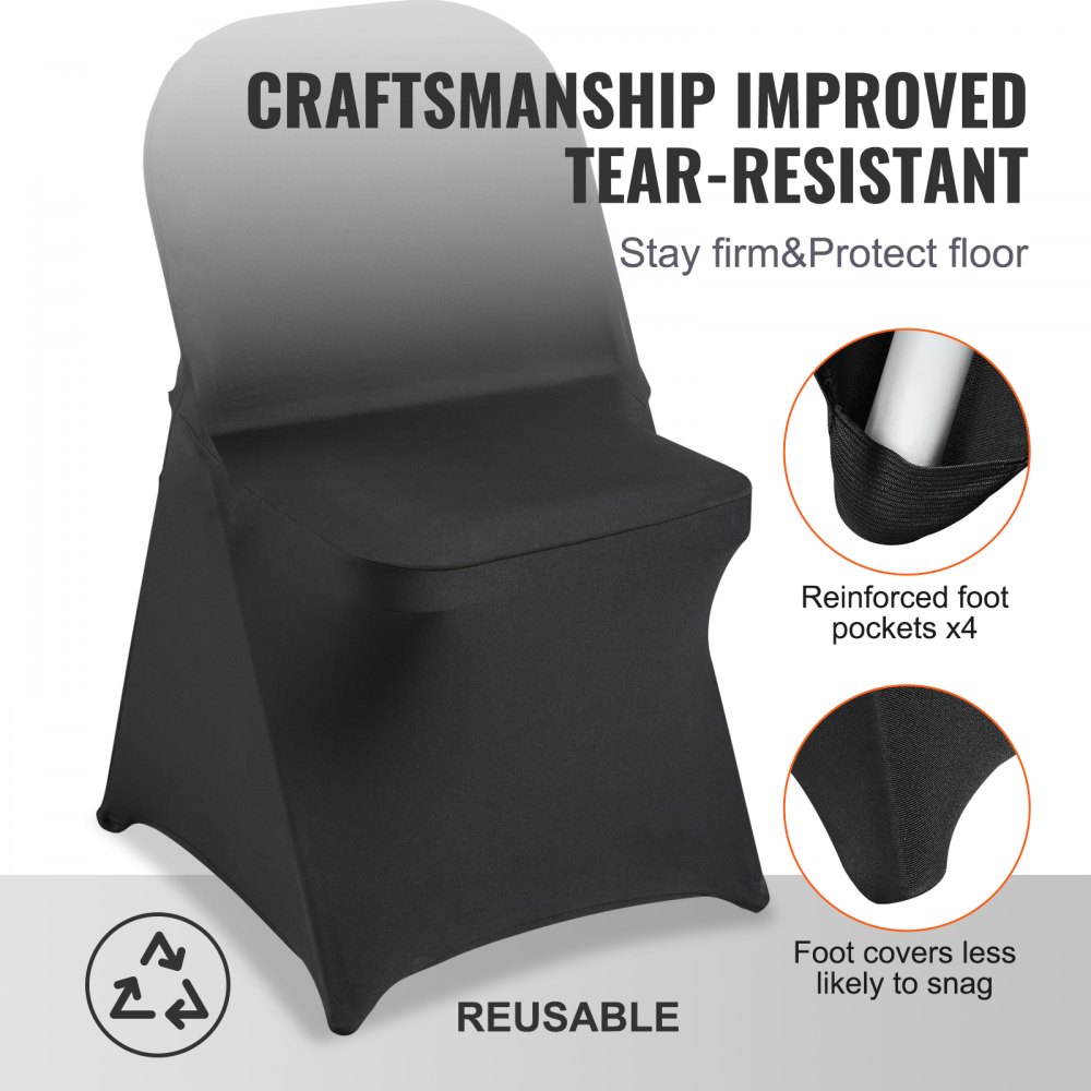 VEVOR Chair Covers made of Elastic Spandex for Folding Chairs, Universally Fitting, Short Front Cover, Removable & Washable Protective Covers, for Wedding, Holiday, Party, Celebration, (50 Pieces, Black)