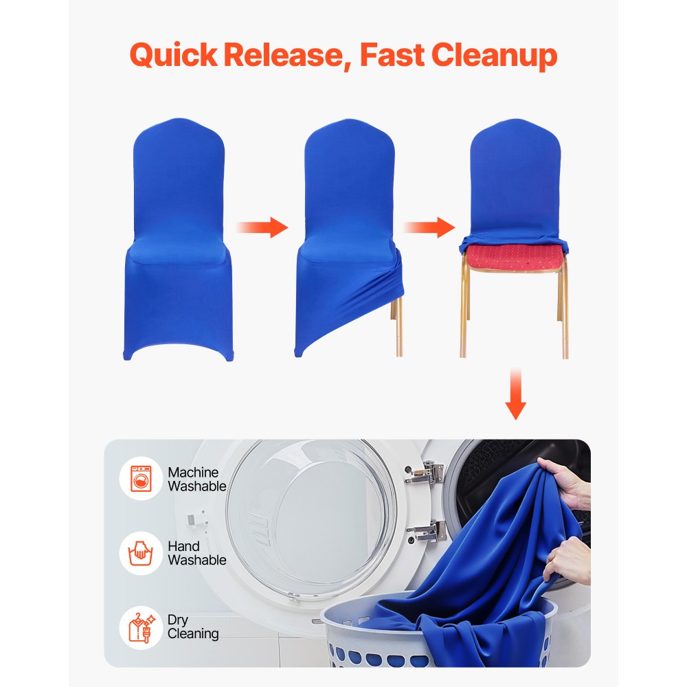 Pokrowce na krzesła VEVOR, 50 sztuk, zmywalne i zdejmowane pokrowce na krzesła z poliestru i spandexu na wesela, bankiety w jadalniach i restauracjach, pasujące do krzeseł (51 x 45 x 95 cm), kolor królewski niebieski