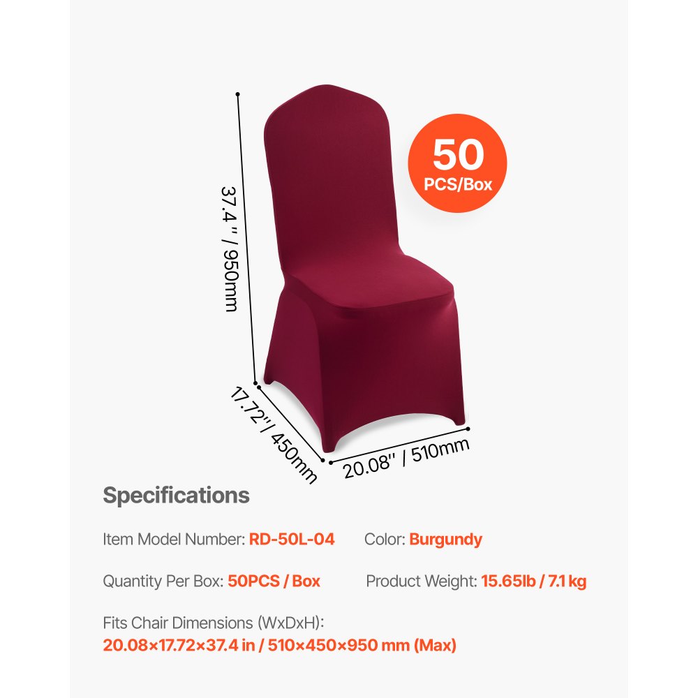 VEVOR 50 Pcs Burgundy Chair Covers, Polyester Spandex Chair Cover, Stretch Slipcovers for Wedding Party Dining Banquet Flat-Front Chair Covers, Fits Chair Measures up to 20.08 x 17.72 x 37.4 inch