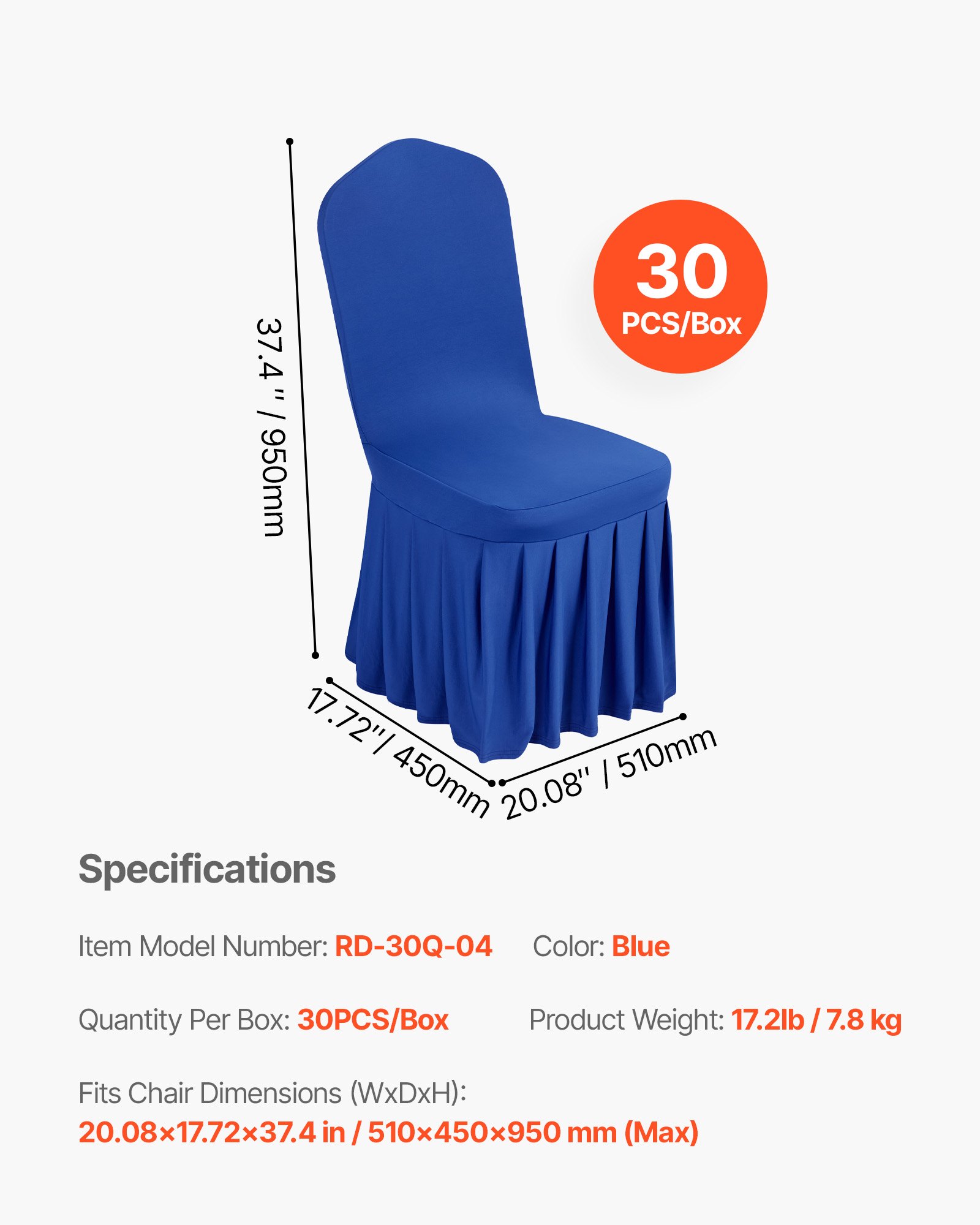 VEVOR 30 Pcs Blue Chair Covers, Polyester Spandex Chair Cover, Stretch Slipcovers for Wedding Party Dining Banquet Flat-Front Chair Covers, Fits Chair Measures up to 20.08 x 17.72 x 37.4 inch