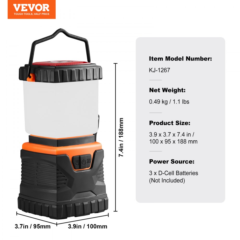 VEVOR LED Camping Lantern, 1000 lm, 360° Lighting, 4 Lighting Modes, Battery Operated Camping Lamp, Outdoor Flashlight, Ideal for Hiking, Fishing, Power Outages & Repairs