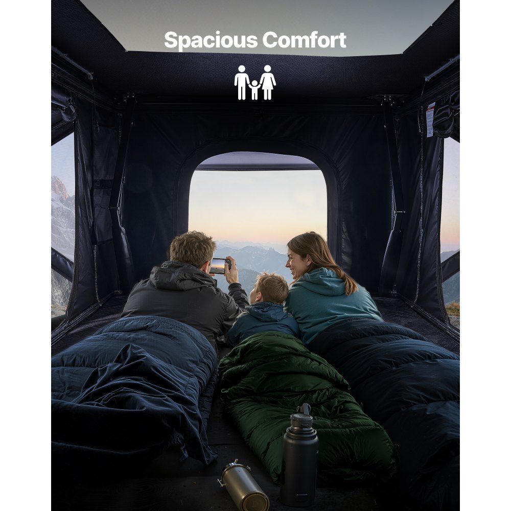 VEVOR Twardy namiot dachowy dla 2-3 osób, aluminiowy namiot kempingowy z trójkolorowym oświetleniem LED i 2 oknami, wodoodporny i wiatroszczelny, do samochodów Jeep SUV Pickup, 212 x 132 x 95 cm (rozłożony)