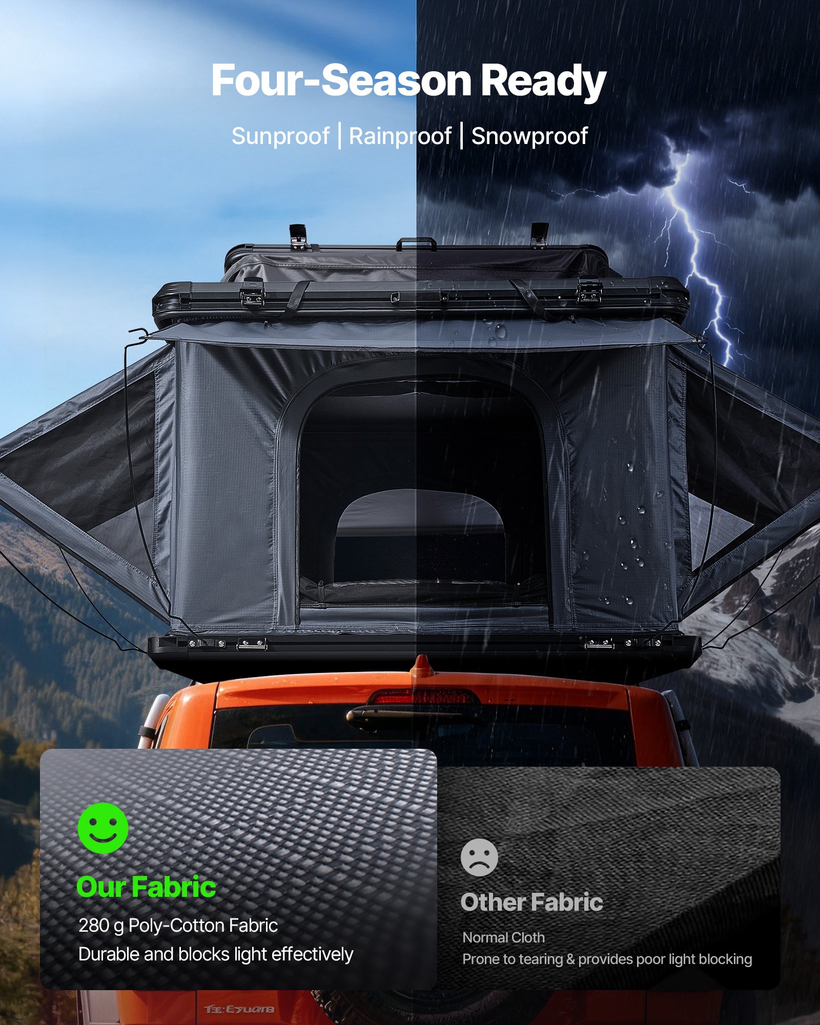 VEVOR Twardy namiot dachowy dla 2-3 osób, aluminiowy namiot kempingowy z trójkolorowym oświetleniem LED i 2 oknami, wodoodporny i wiatroszczelny, do samochodów Jeep SUV Pickup, 212 x 132 x 95 cm (rozłożony)