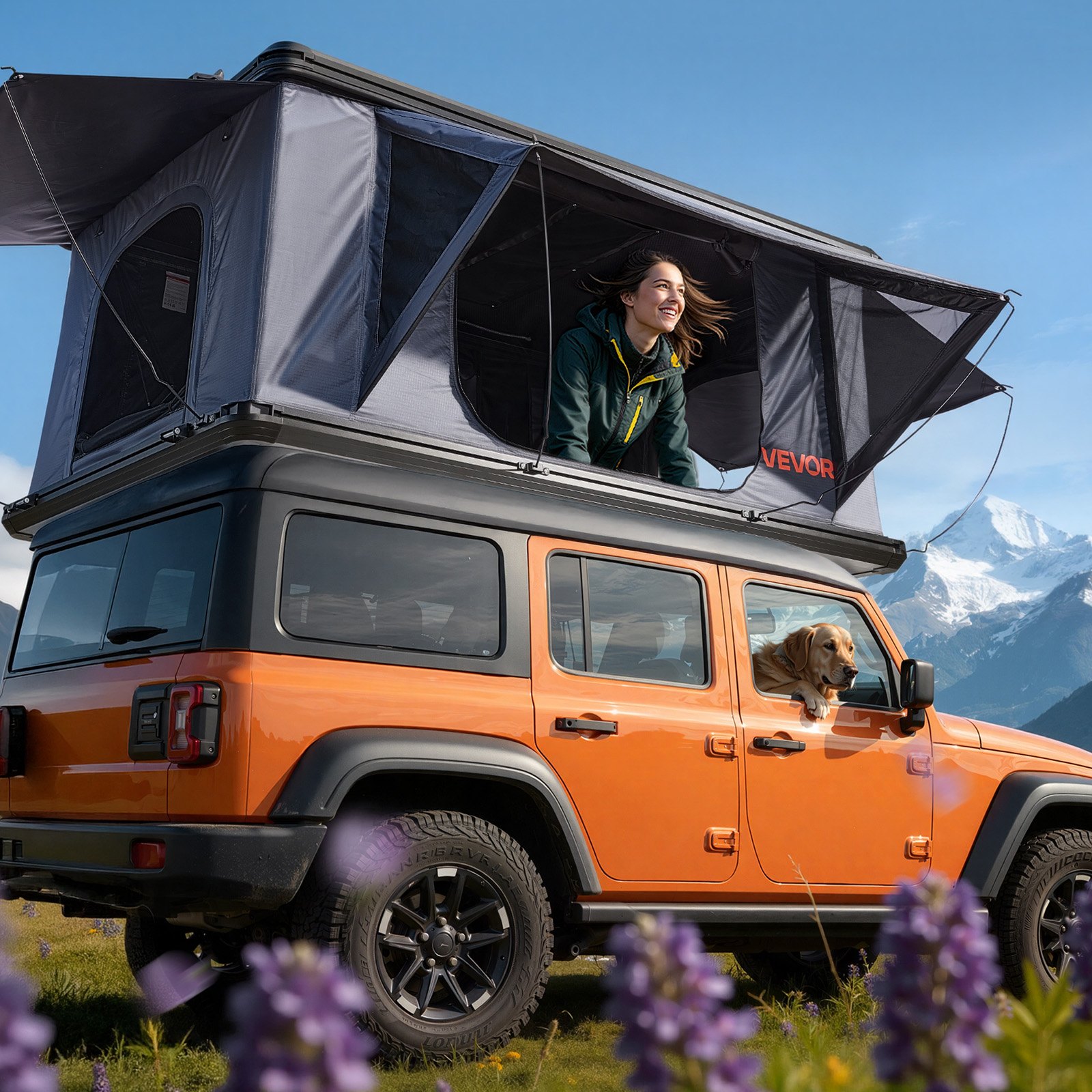 VEVOR Twardy namiot dachowy dla 2-3 osób, aluminiowy namiot kempingowy z trójkolorowym oświetleniem LED i 2 oknami, wodoodporny i wiatroszczelny, do samochodów Jeep SUV Pickup, 212 x 132 x 95 cm (rozłożony)
