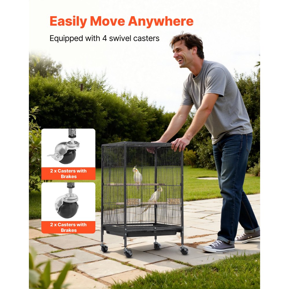 Klatka dla ptaków VEVOR, 460x460x770 mm, otwarta od góry, woliera z kutego żelaza z grzędami, karmnikiem i plastikowymi miskami, kółkami, dla papug, modraszek, kanarków