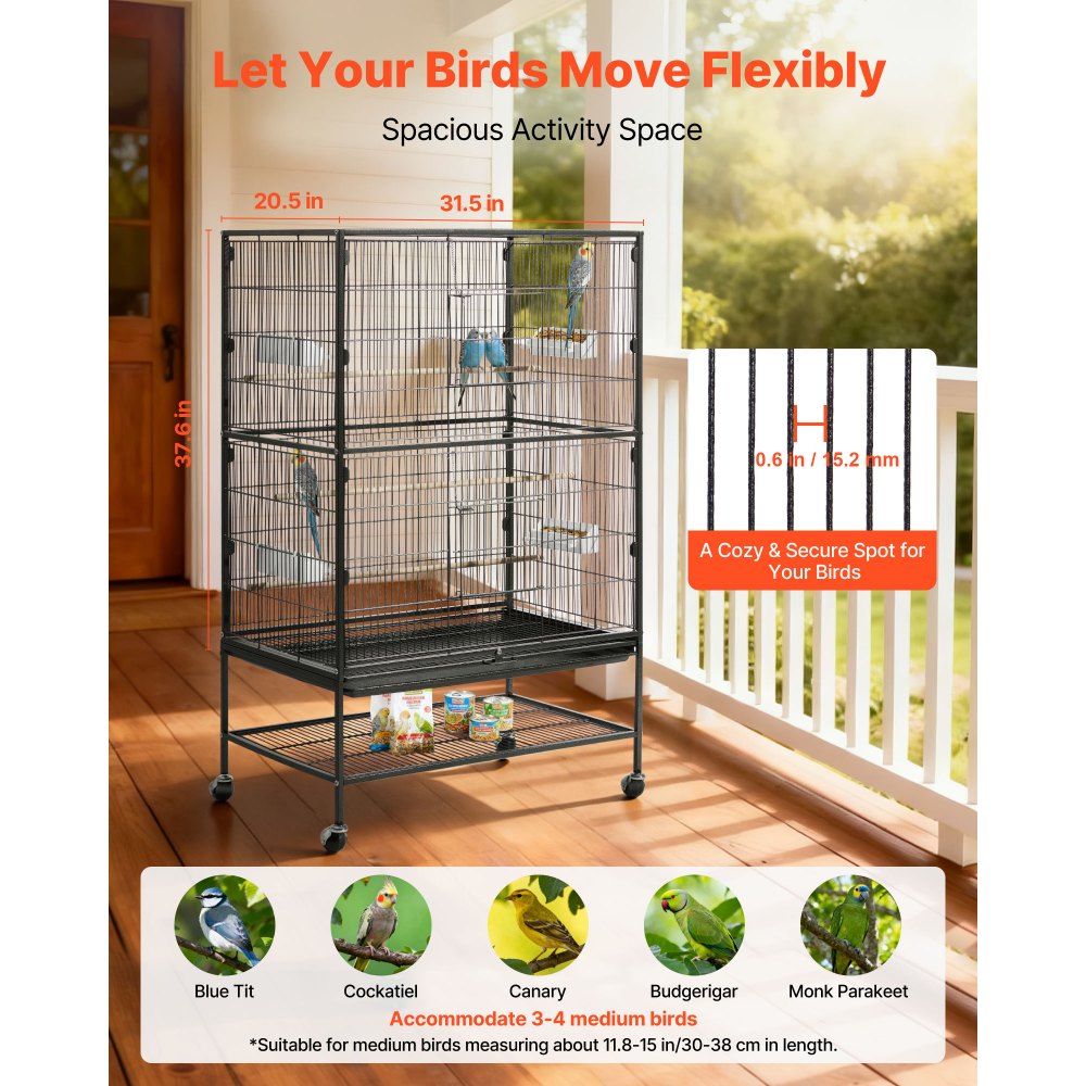 VEVOR Bird Cage, 800 x 520 x 1320mm, Flat Top, Wrought Iron Bird Flight Cage with Perches, Slide-Out Tray and Plastic Feeders, Casters, for Parrot, Blue Tit, Cockatiel, Canary, and Monk Parakeet