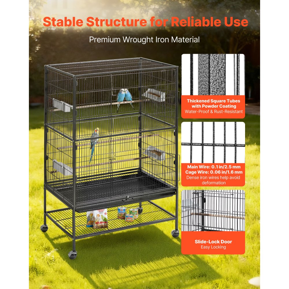 VEVOR Bird Cage, 800 x 520 x 1320mm, Flat Top, Wrought Iron Bird Flight Cage with Perches, Slide-Out Tray and Plastic Feeders, Casters, for Parrot, Blue Tit, Cockatiel, Canary, and Monk Parakeet