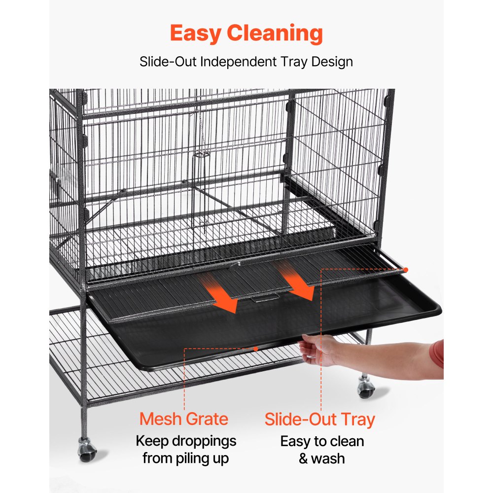 VEVOR Bird Cage, 800 x 520 x 1320mm, Flat Top, Wrought Iron Bird Flight Cage with Perches, Slide-Out Tray and Plastic Feeders, Casters, for Parrot, Blue Tit, Cockatiel, Canary, and Monk Parakeet