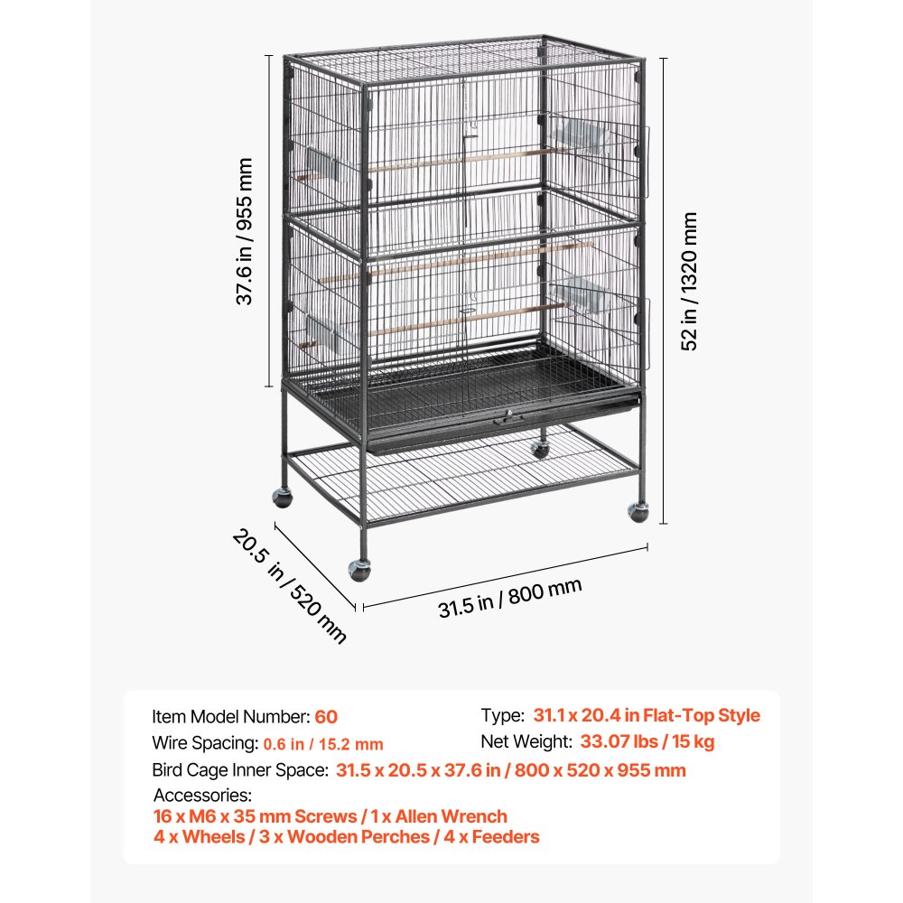 VEVOR Bird Cage, 800 x 520 x 1320mm, Flat Top, Wrought Iron Bird Flight Cage with Perches, Slide-Out Tray and Plastic Feeders, Casters, for Parrot, Blue Tit, Cockatiel, Canary, and Monk Parakeet