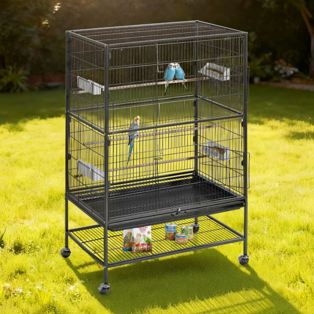 VEVOR Bird Cage, 800 x 520 x 1320mm, Flat Top, Wrought Iron Bird Flight Cage with Perches, Slide-Out Tray and Plastic Feeders, Casters, for Parrot, Blue Tit, Cockatiel, Canary, and Monk Parakeet