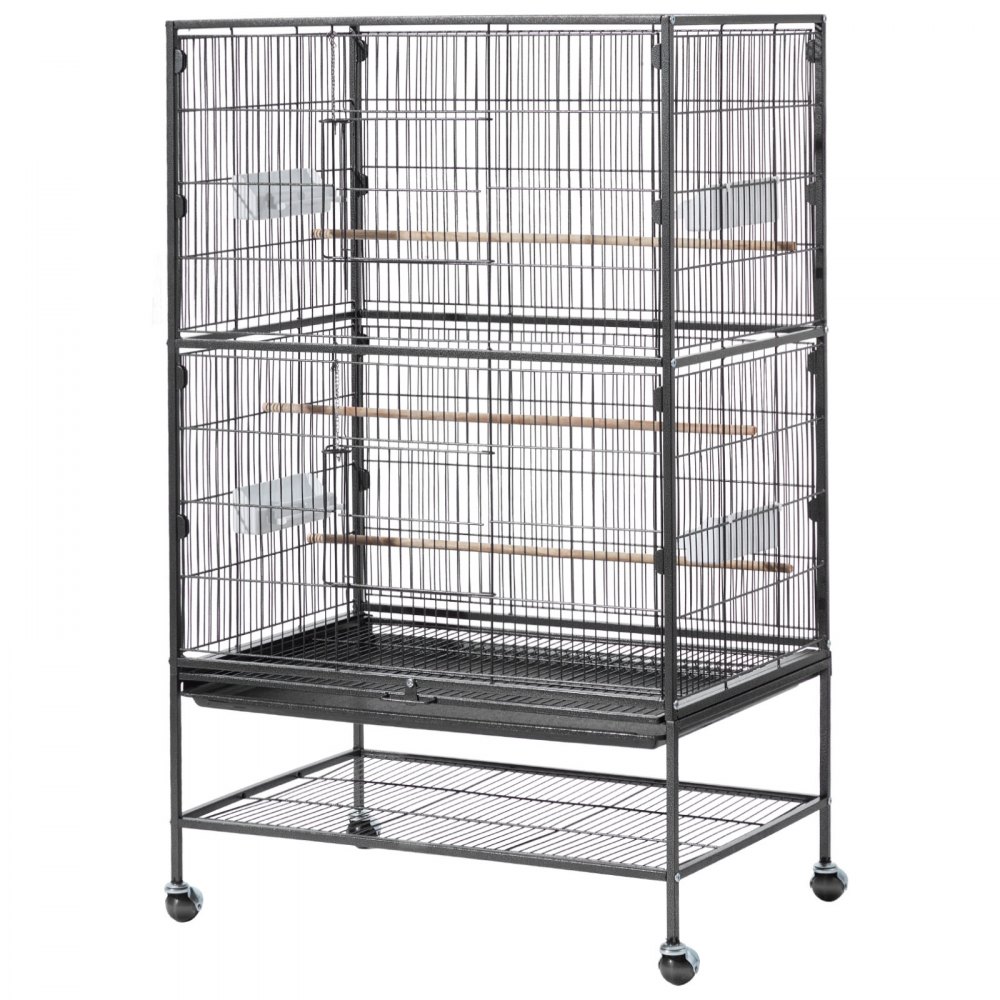 VEVOR Bird Cage, 800 x 520 x 1320mm, Flat Top, Wrought Iron Bird Flight Cage with Perches, Slide-Out Tray and Plastic Feeders, Casters, for Parrot, Blue Tit, Cockatiel, Canary, and Monk Parakeet