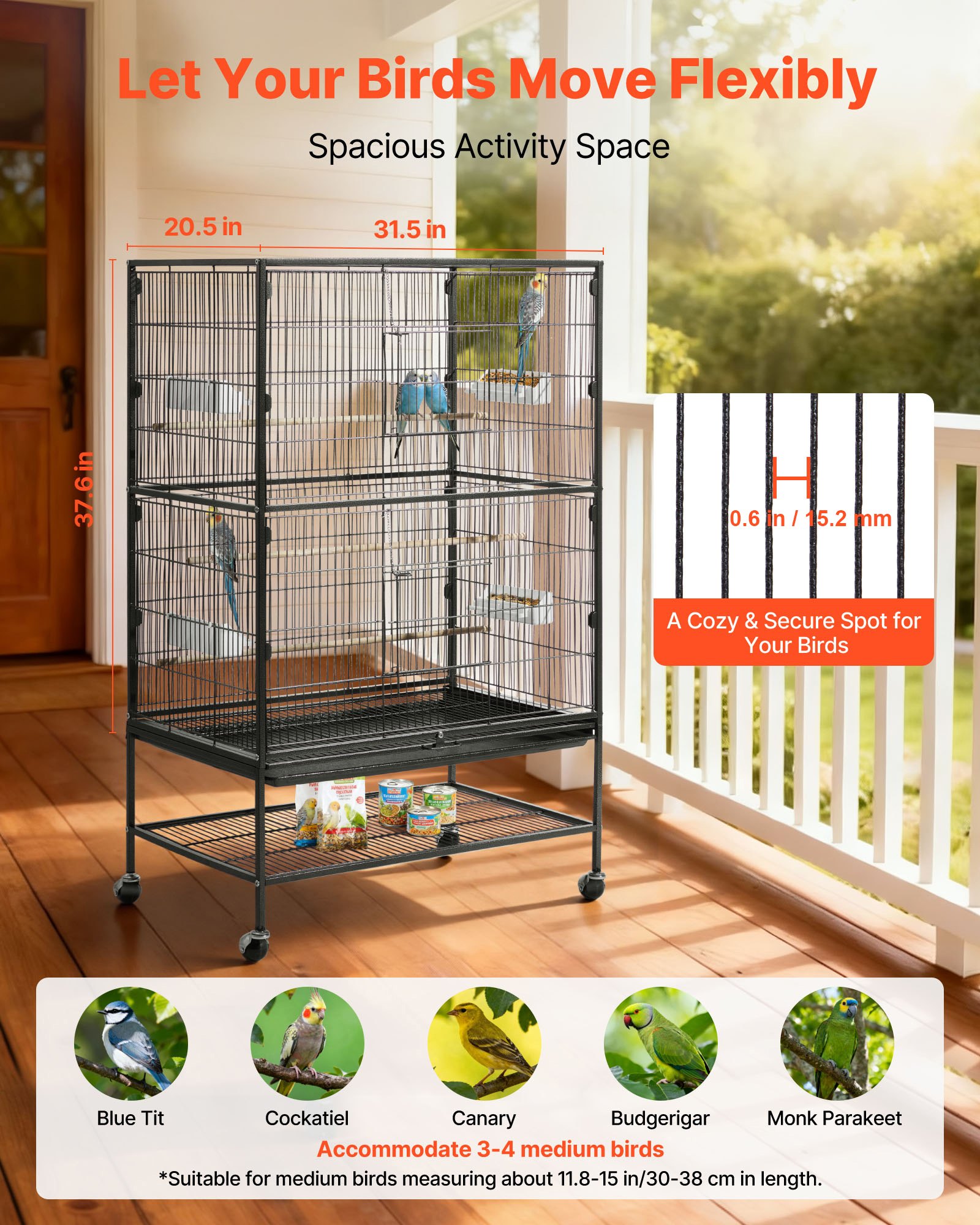 VEVOR Bird Cage, 800 x 520 x 1320mm, Flat Top, Wrought Iron Bird Flight Cage with Perches, Slide-Out Tray and Plastic Feeders, Casters, for Parrot, Blue Tit, Cockatiel, Canary, and Monk Parakeet