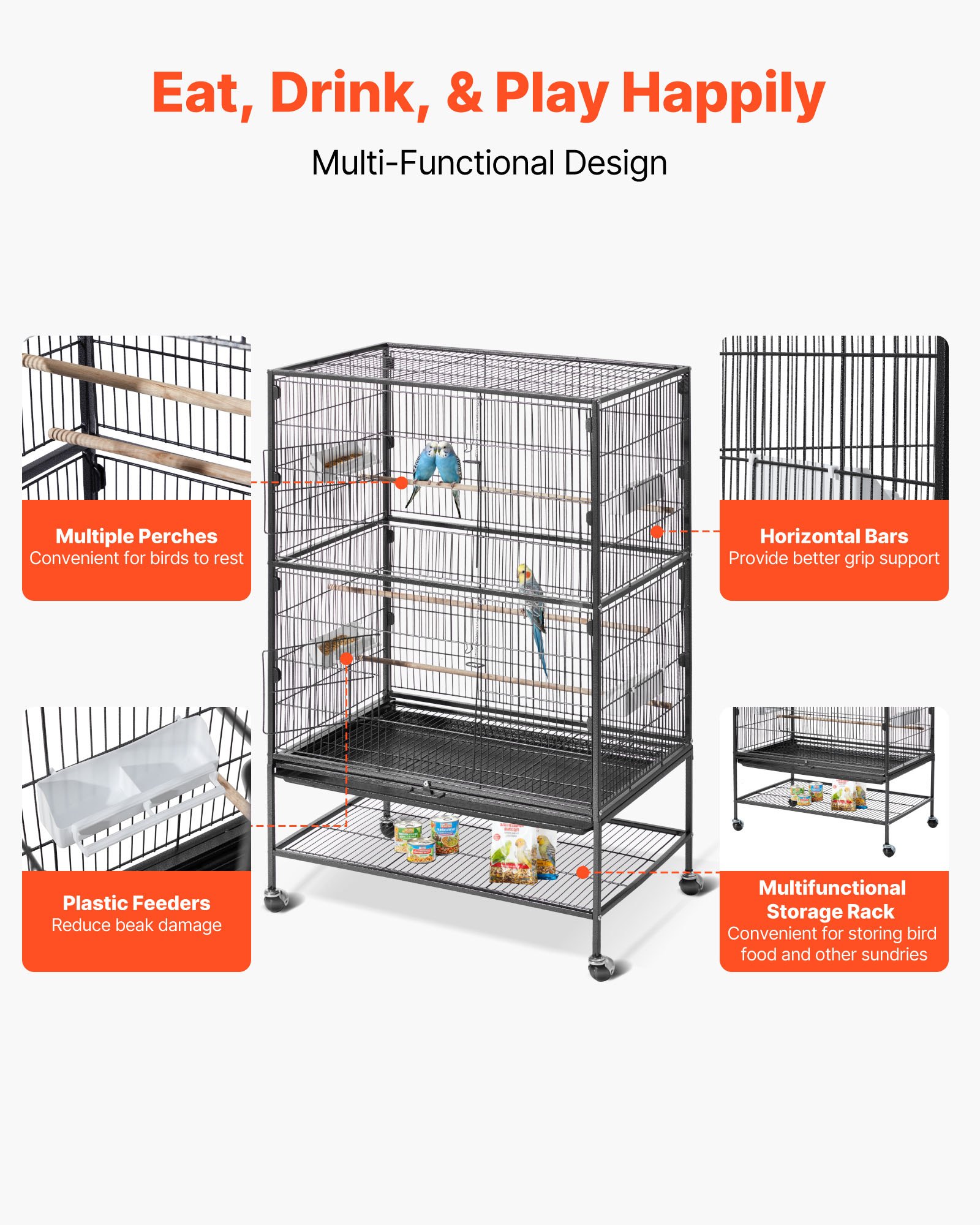 VEVOR Bird Cage, 800 x 520 x 1320mm, Flat Top, Wrought Iron Bird Flight Cage with Perches, Slide-Out Tray and Plastic Feeders, Casters, for Parrot, Blue Tit, Cockatiel, Canary, and Monk Parakeet