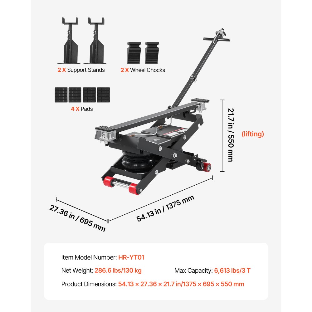 VEVOR Przenośna platforma podnosząca pneumatyczna, udźwig 3 tony, maks. wysokość podnoszenia 55 cm, regulowany przenośny podnośnik pneumatyczny z poduszką powietrzną, stopkami podporowymi, klinami pod koła i gumowymi podkładkami, wytrzymała do sedanów, SUV-ów i pickupów